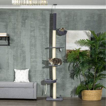 PawHut Floor to Ceiling Cat Tree 240-270cm with Hammock & Bed Floor to Ceiling Cat Trees PawHut