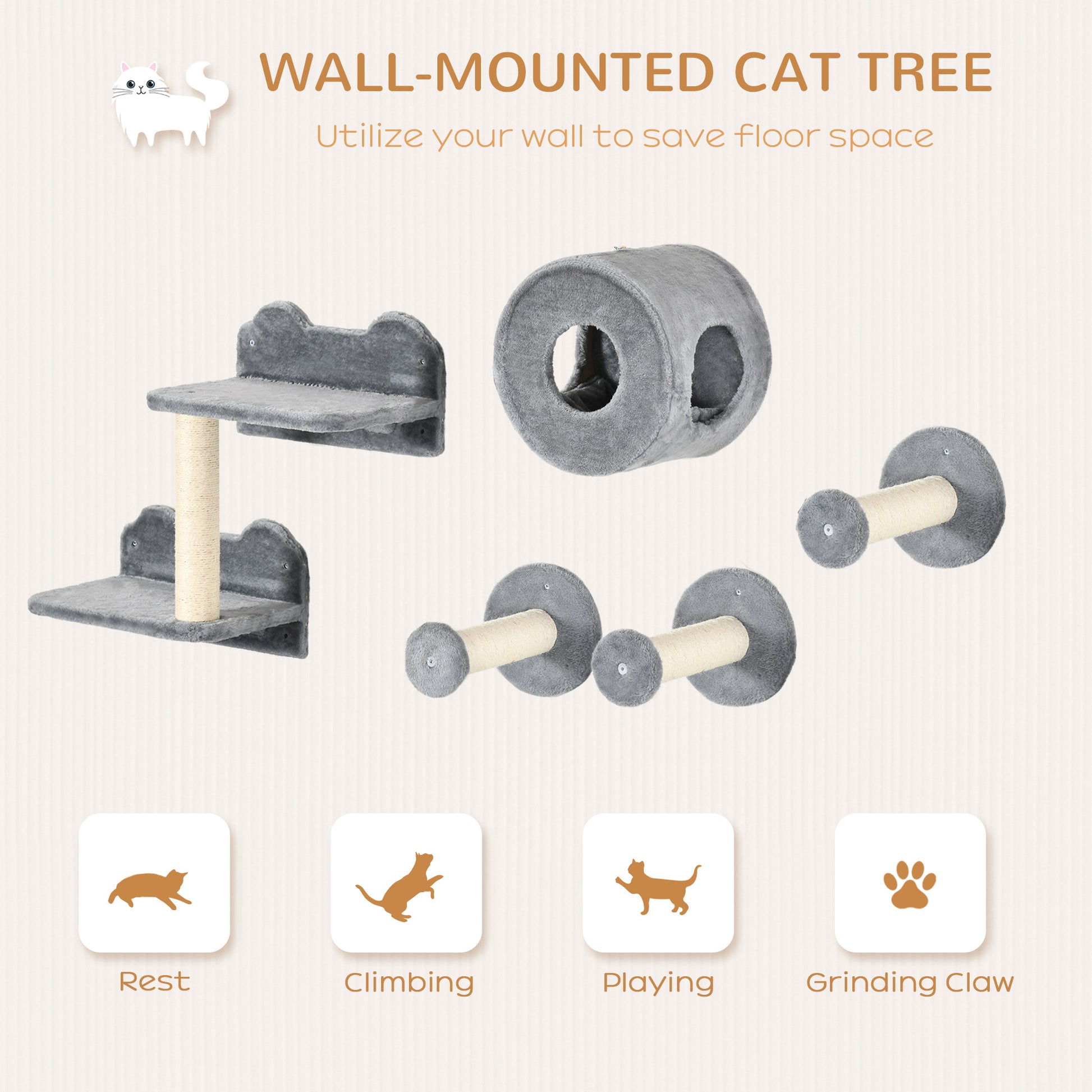5Pcs Cat Wall Furniture With Perch House Scratching Post Aosom UK