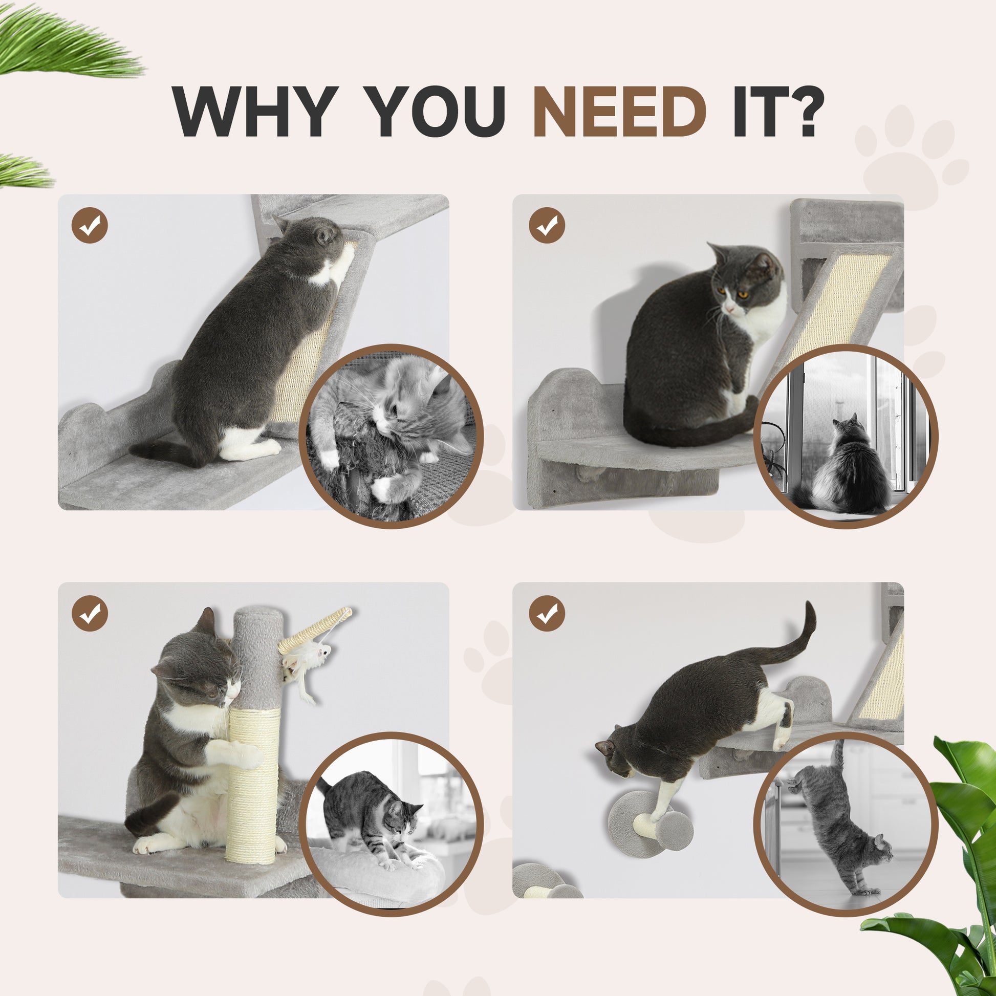 Cat Shelves with Scratching Posts, Scratching Pads, Perches, Cat Wands, Toy Balls, 3PCs for Indoor Light Grey