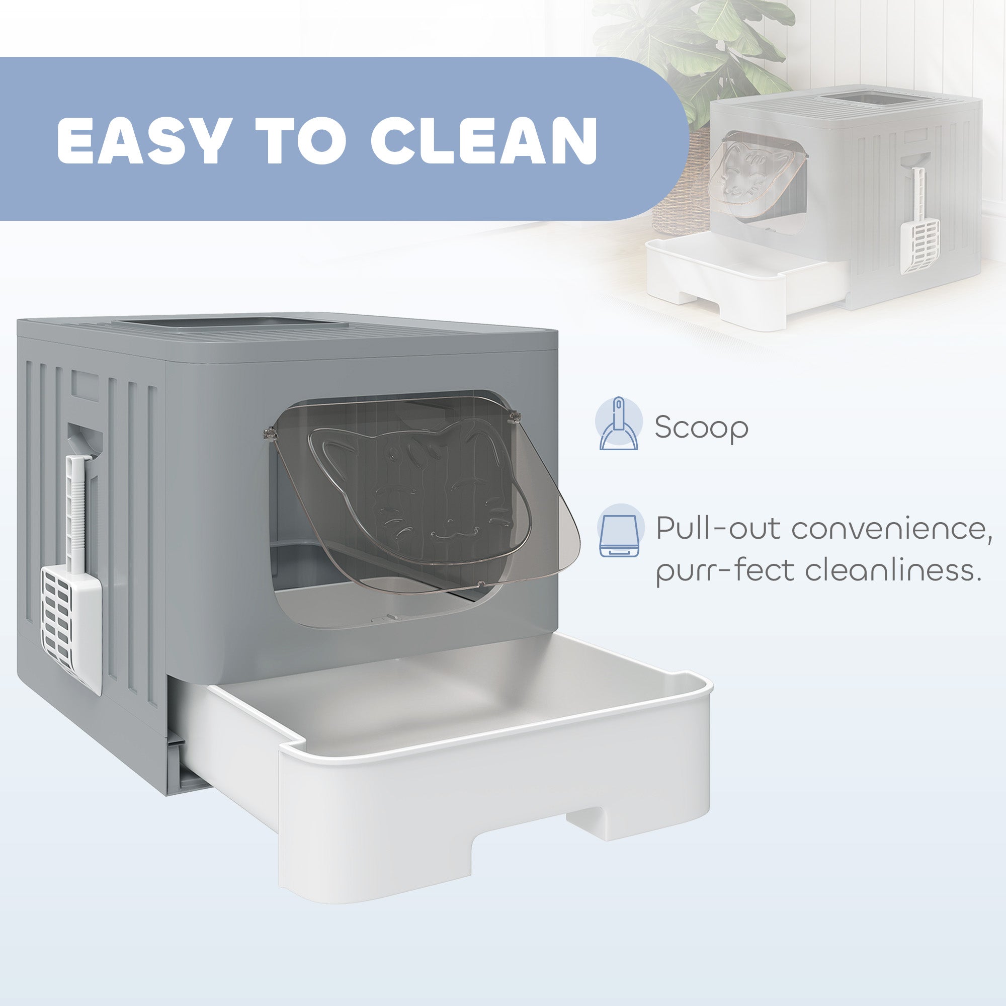Foldable Cat Litter Box with Lid, Slide-Out Drawer, Scoop, Easy Clean, Odour Control, Anti-Splashing, Grey