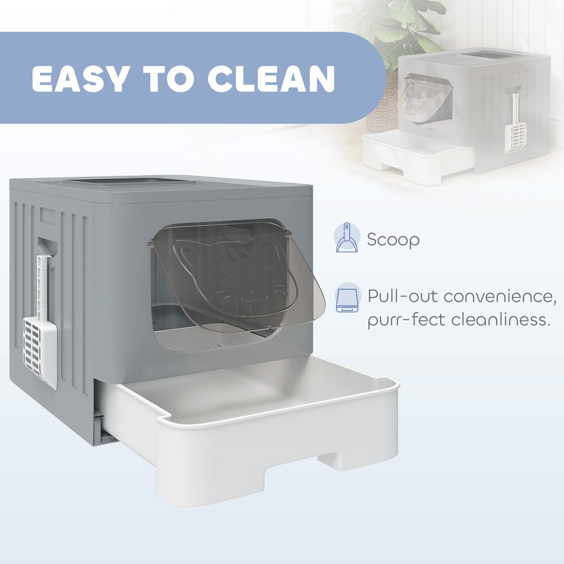 Foldable Cat Litter Box with Lid, Slide-Out Drawer, Scoop, Easy Clean, Odour Control, Anti-Splashing, Grey