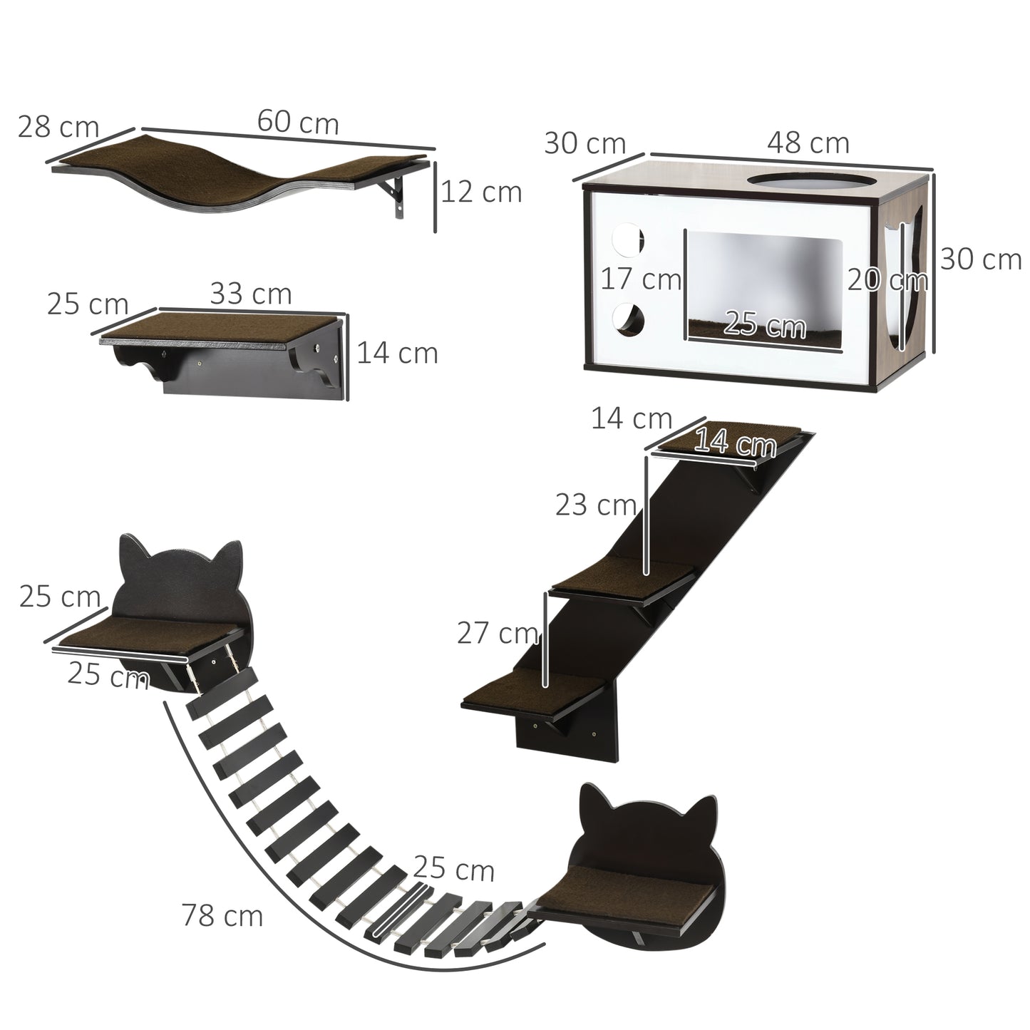 5 Pieces Cat Wall Shelves With Curved Platform Condo Bridge Aosom UK