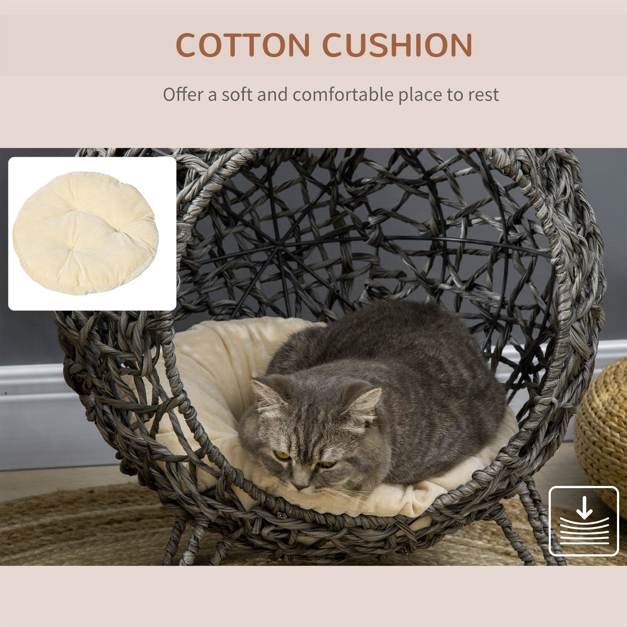 Rattan Elevated Cat Bed: Cosy Ball-Shaped Kitten Abode with Removable Cushion, Silver-Tone and Grey
