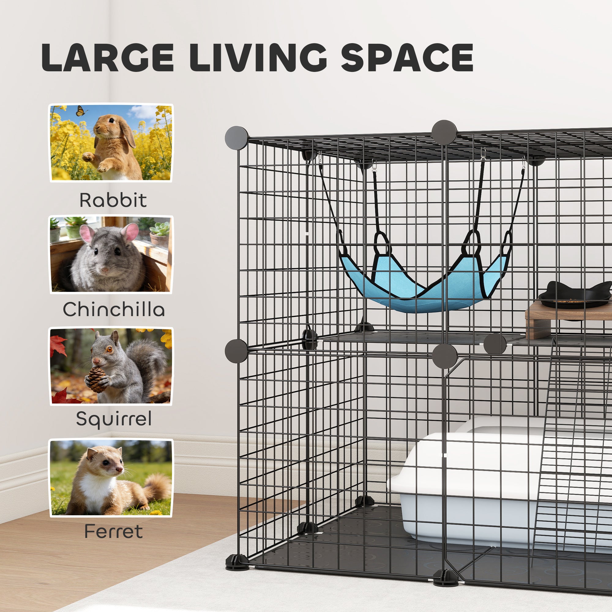 Indoor Cat Cage DIY Customizable 2-Tier Indoor Cat Enclosure with 2 Doors and Hammock  Black