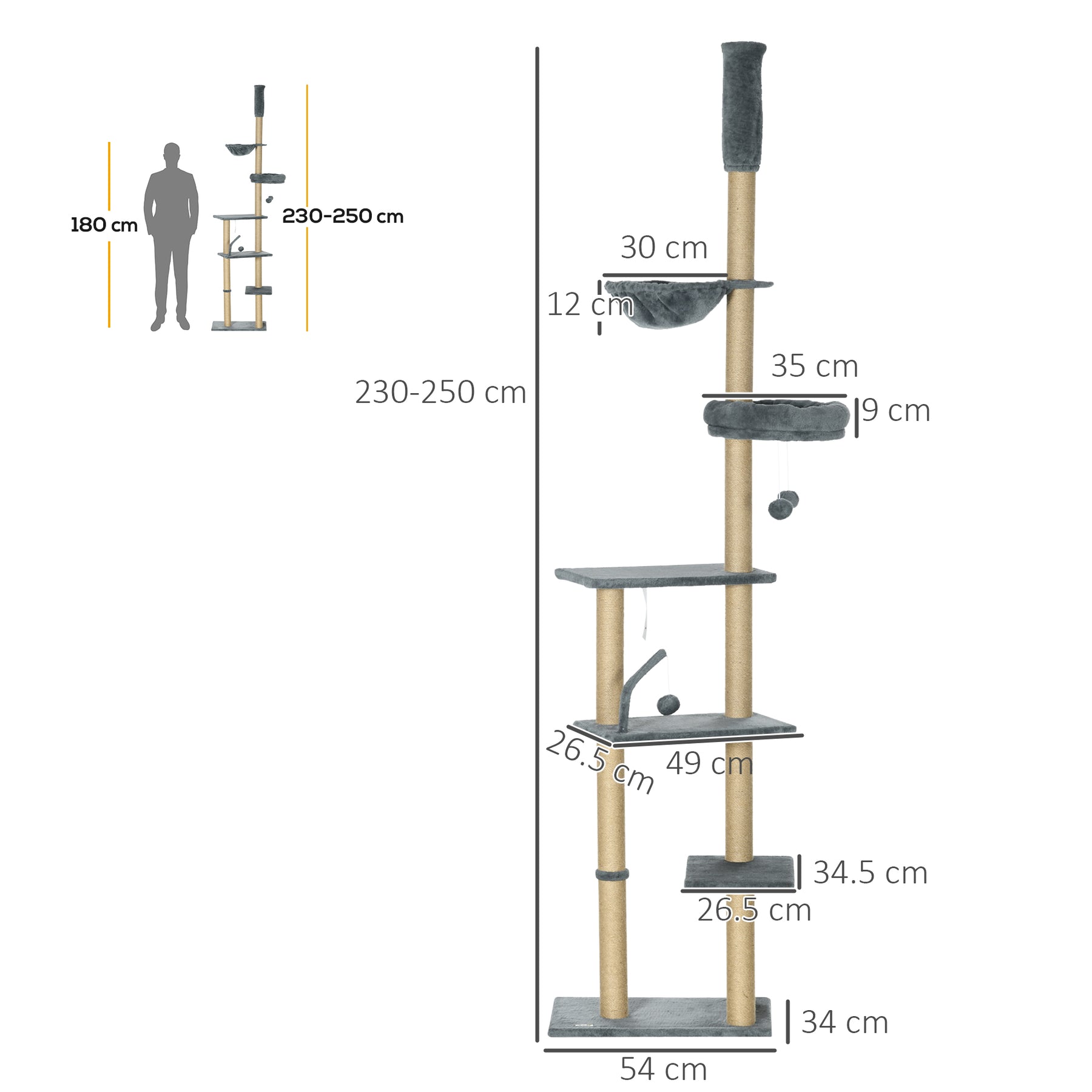 Floor to Ceiling Cat Tree, 6-Tier Climbing Activity Centre with Scratching Post, Hammock, Adjustable Height , Grey