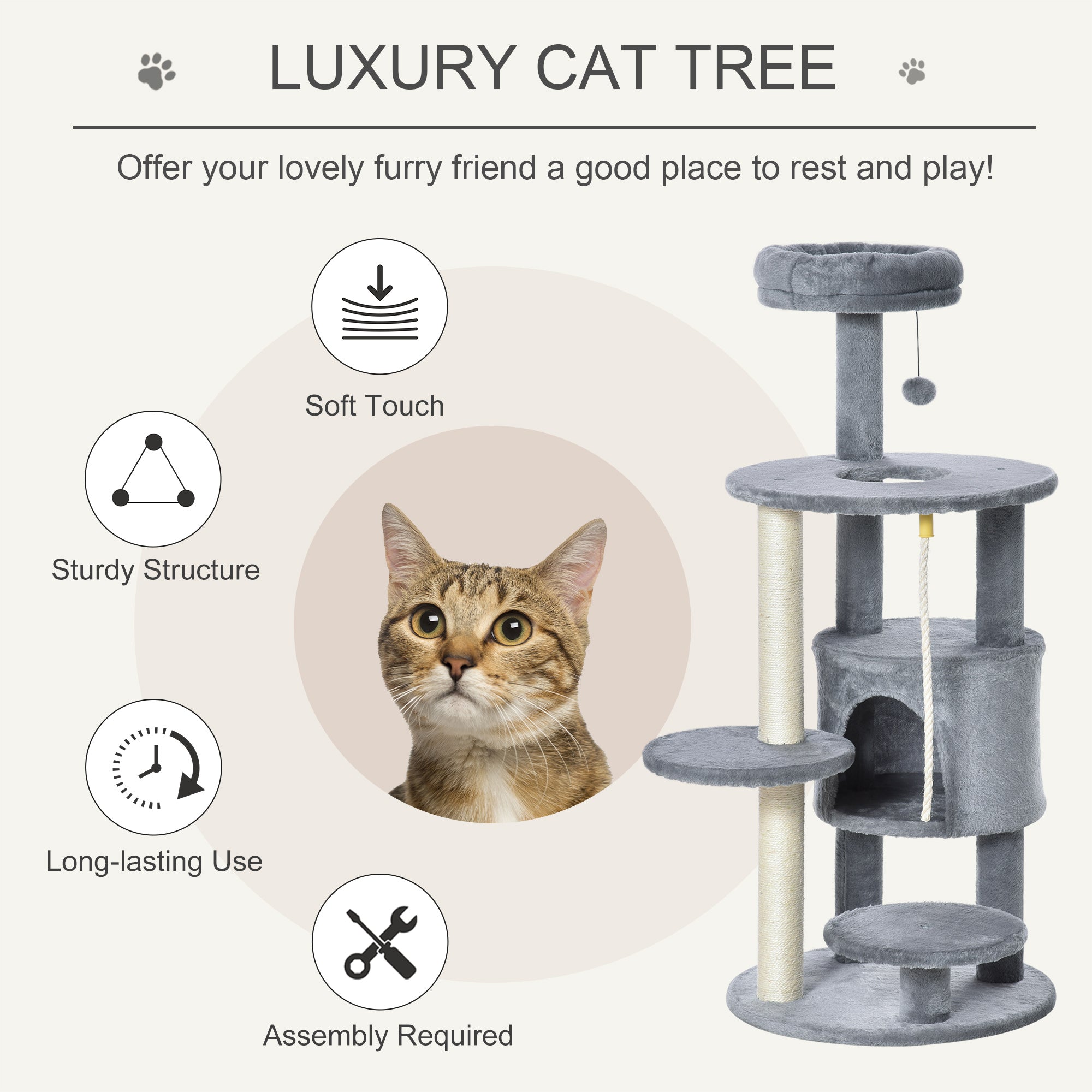 Cat Tree Tower with Jute Scratching Post, Perch, Hanging Ball, Teasing Rope for Climbing Kittens, Dark Grey