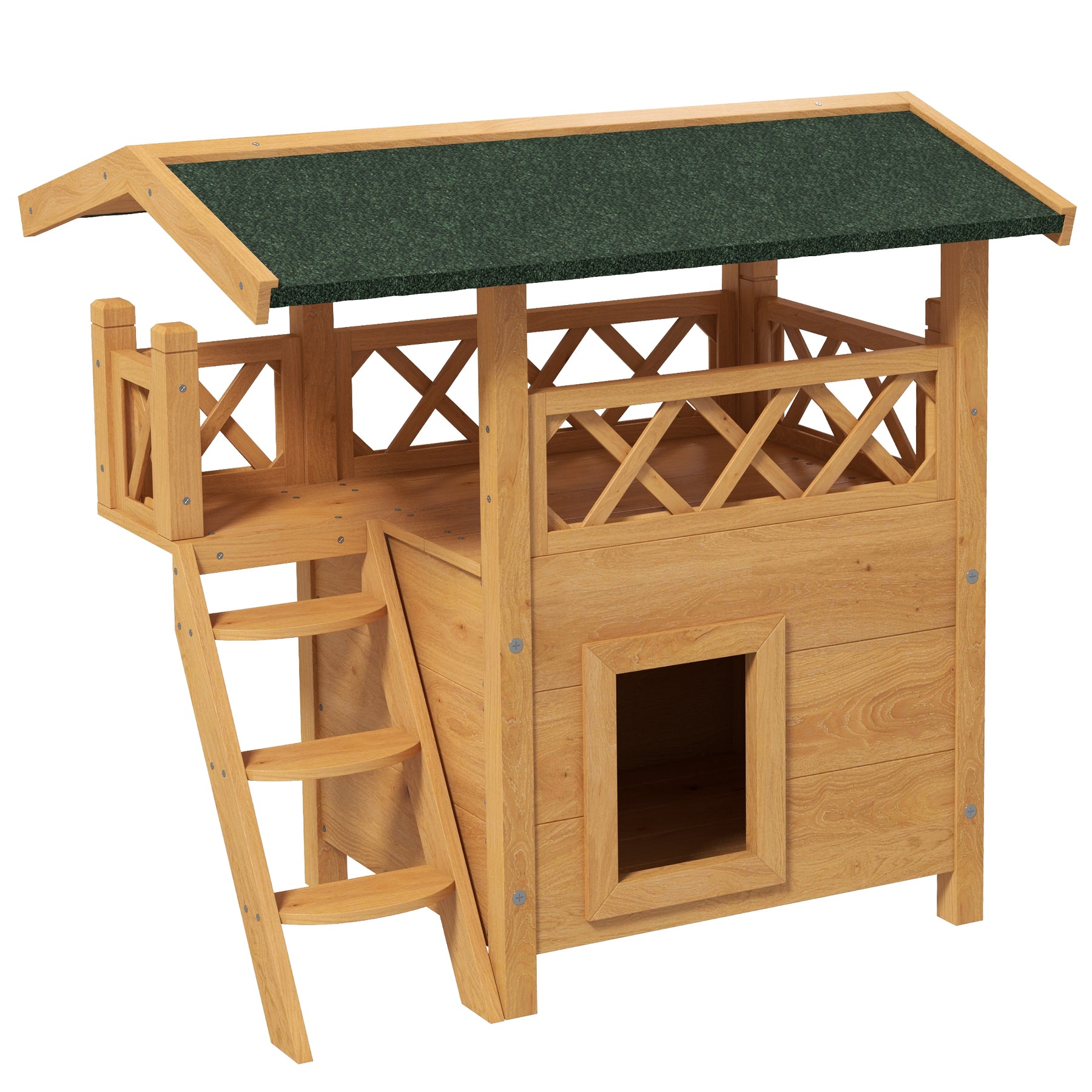 Cat House Outdoor w/ Balcony Stairs Roof, Natural