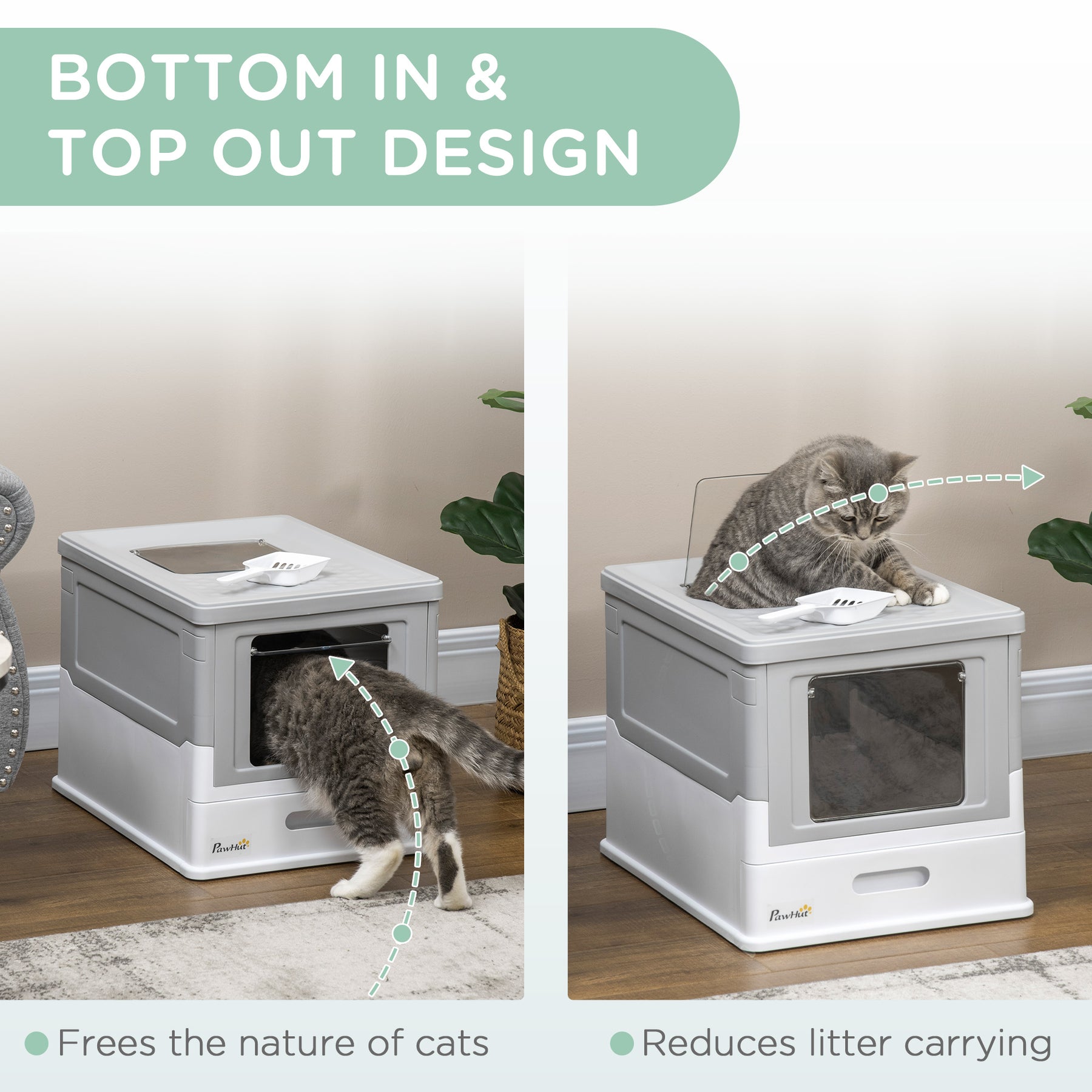 Hooded Cat Litter Box with Scoop, Front Entry Top Exit, Portable Pet Toilet, Large Space, Easy Assemble, Grey