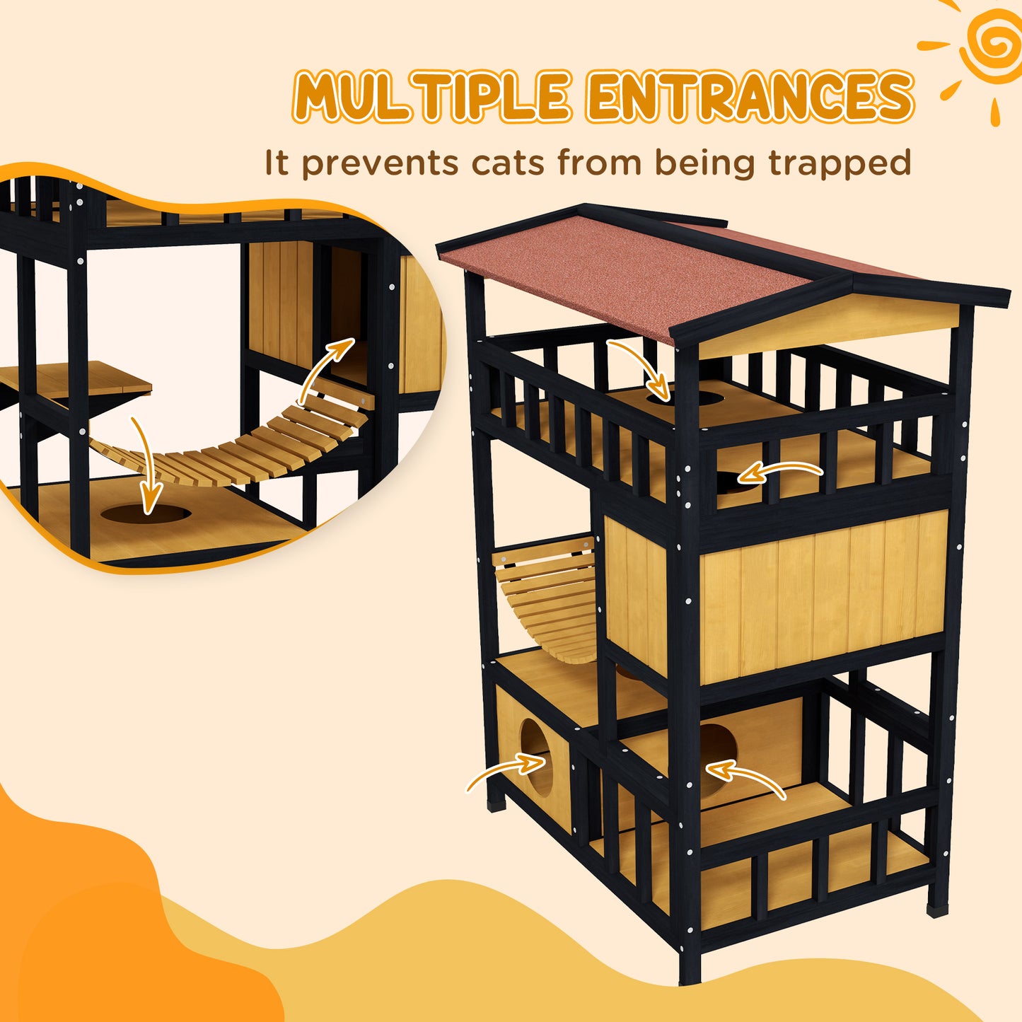 Outdoor Cat Shelter Four Tier Wooden Feral House Aosom UK
