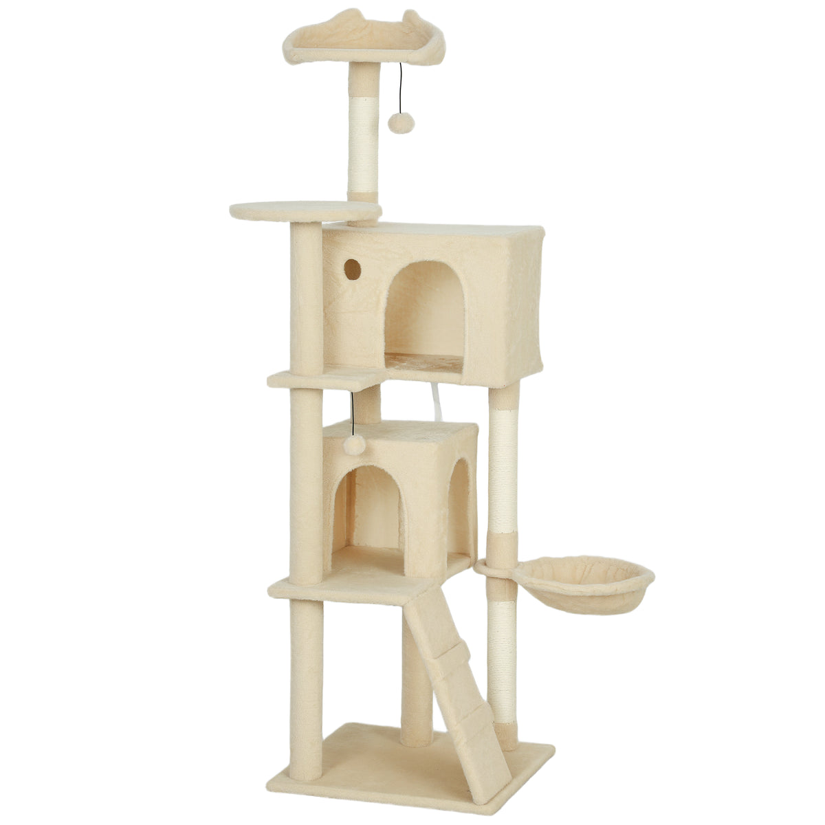 PawHut 160cm Large Cat Tree Tower with Sisal Scratching Posts, Condos, Plush Perches, Hammock, Ladder, Beige PawHut Default Title