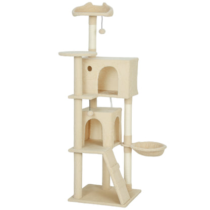 PawHut 160cm Large Cat Tree Tower with Sisal Scratching Posts, Condos, Plush Perches, Hammock, Ladder, Beige PawHut Default Title