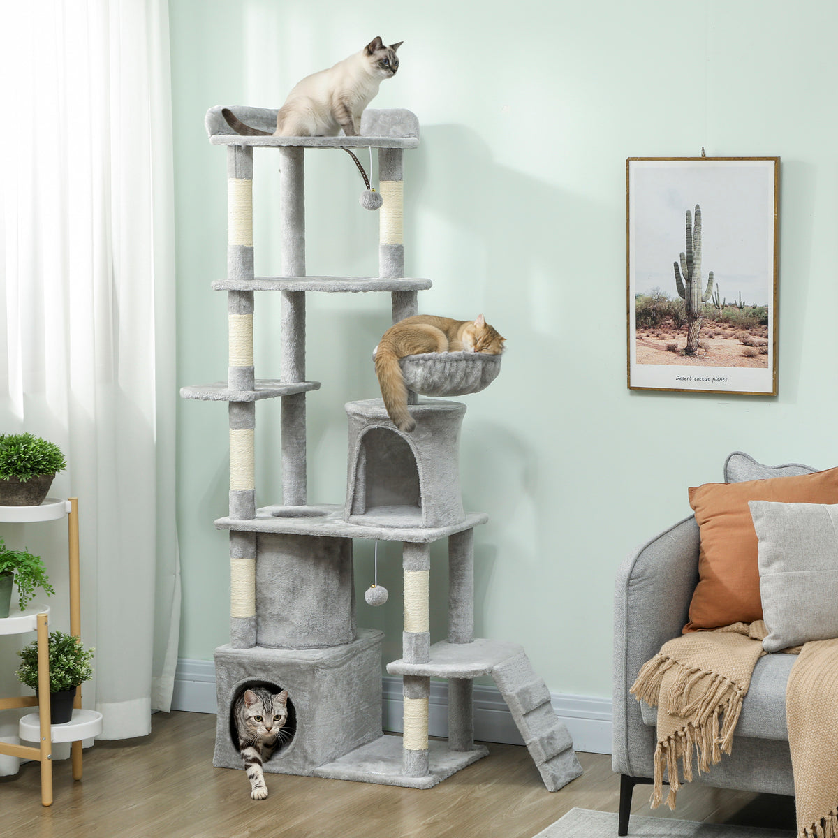 PawHut 170 cm Large Cat Tree, Cat Tower with 7 Scratching Posts, 2 Condos, Hammock, Light Grey PawHut