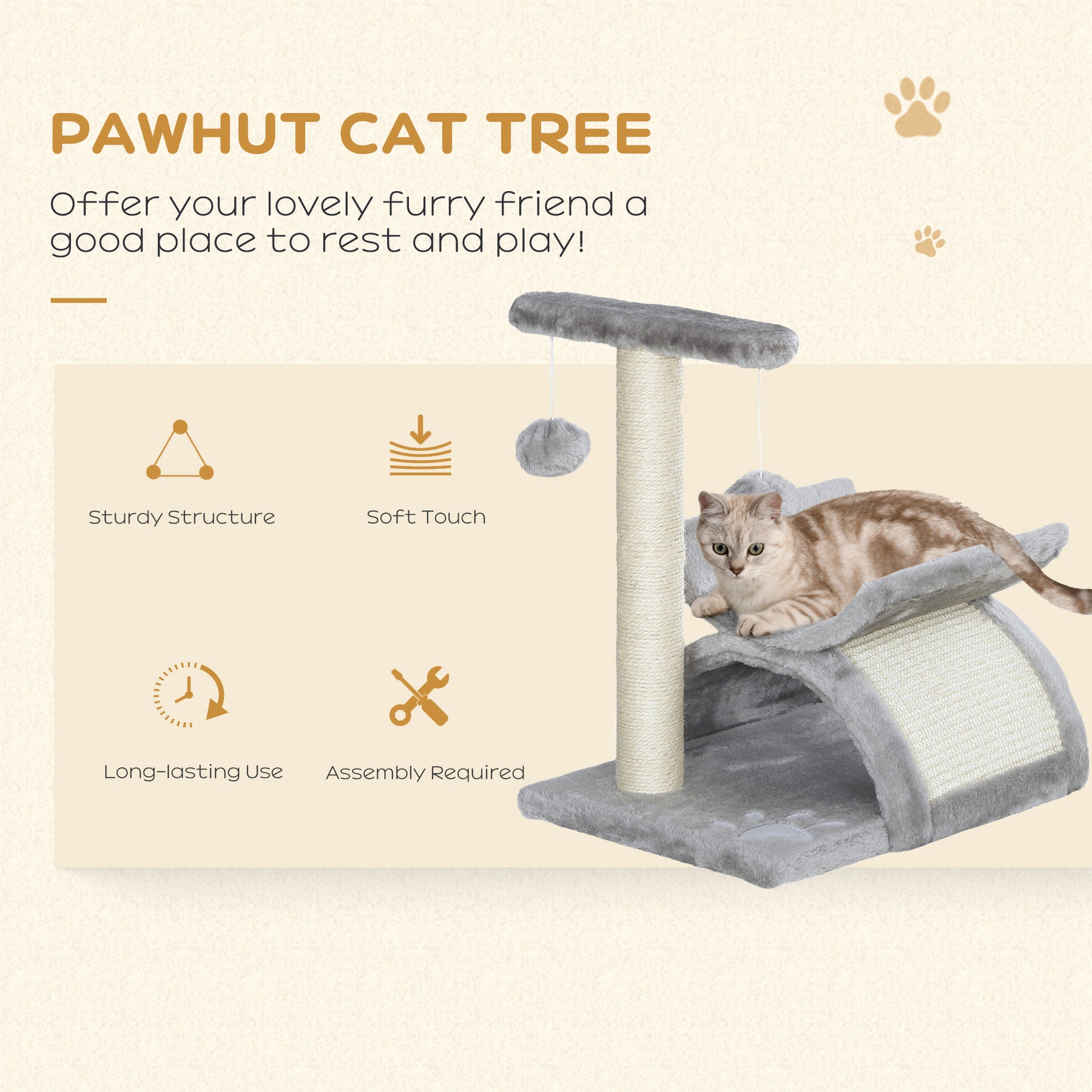 Kitten Activity Tree with Sisal Scratching Posts, Compact Cat Play Tower with Rotating Bar, Tunnel, Grey