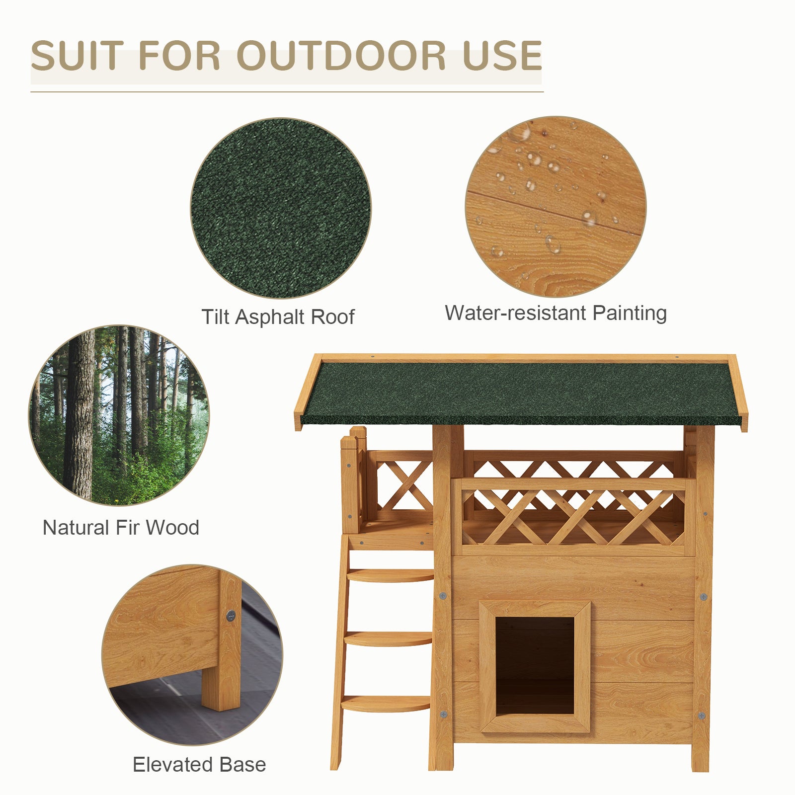 Cat House Outdoor w/ Balcony Stairs Roof, Natural