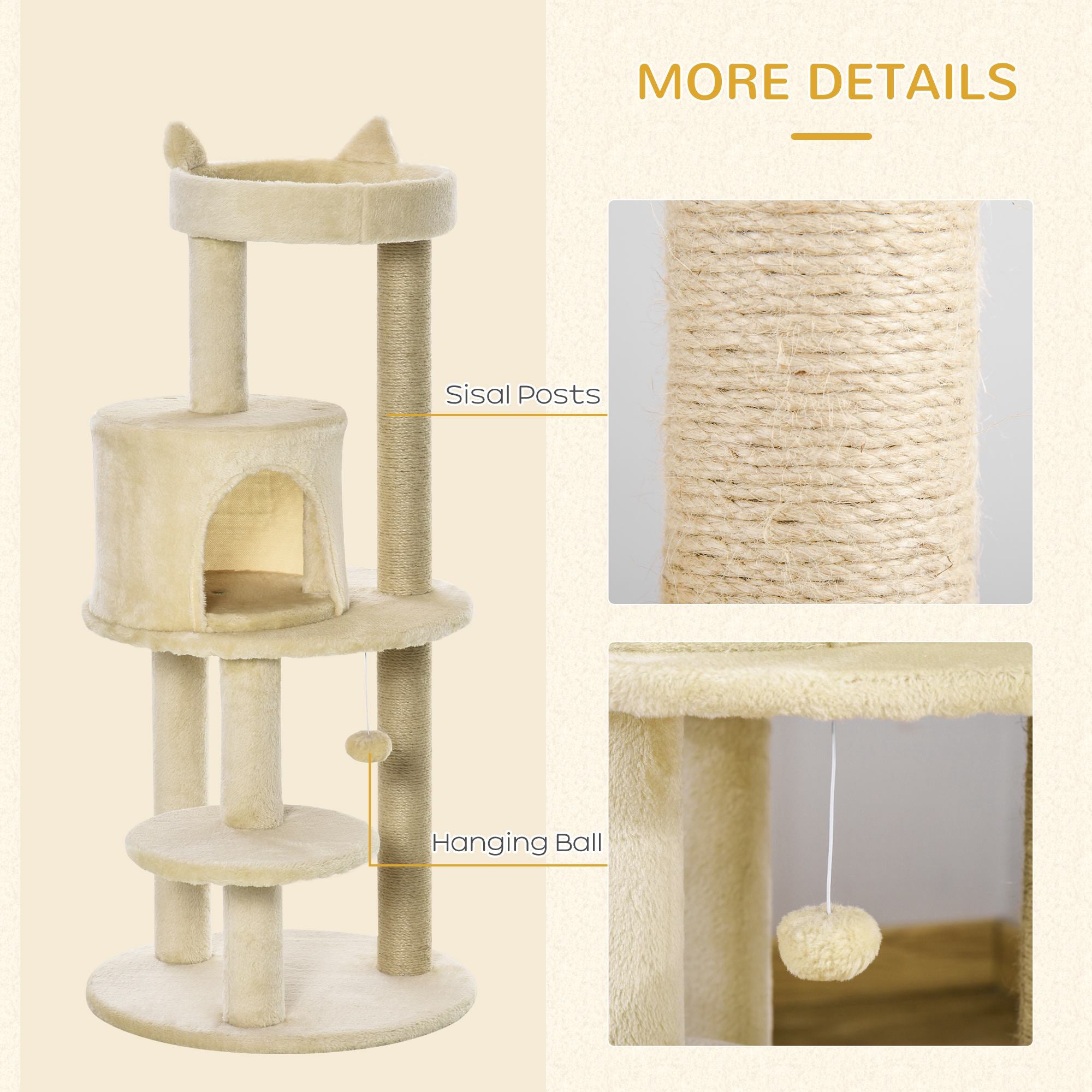 Sisal-Covered Cat Tree Tower, Pet Activity Centre with Scratching Post, Cosy Perch, Beige