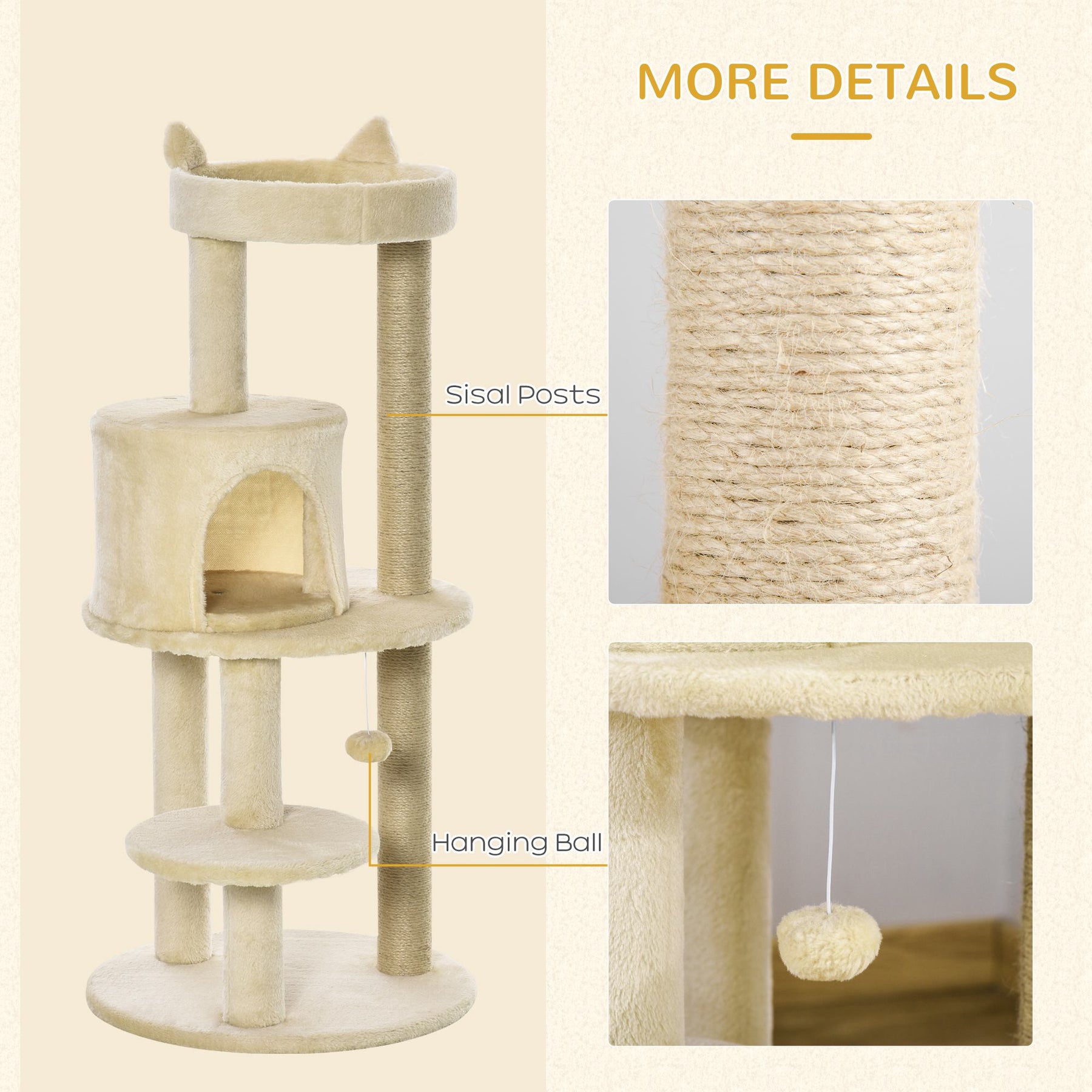 Sisal-Covered Cat Tree Tower, Pet Activity Centre with Scratching Post, Cosy Perch, Beige