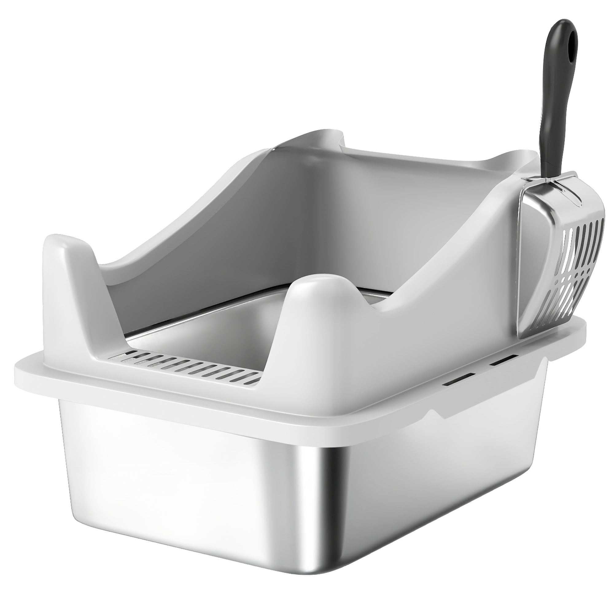 Stainless Steel Cat Litter Box with High Sides, Scoop