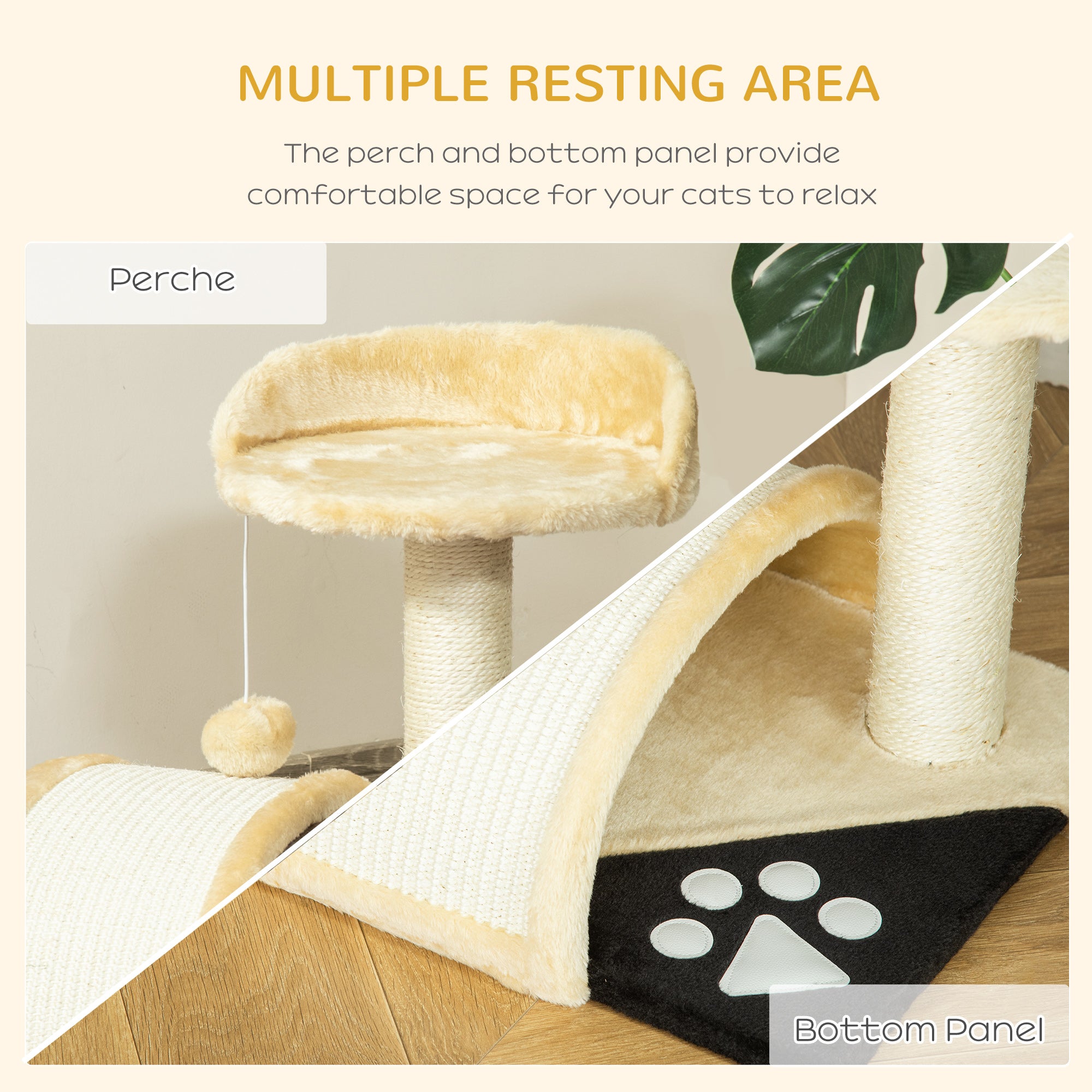 Cat Scratching Tree, Post with Activity Centre, Climber, Hanging Ball, Plush Cover, Beige