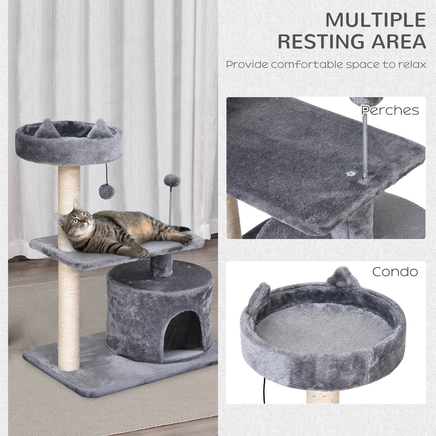 3-Tier Cat Scratching Post with Sisal Rope & Play Toys, Durable Activity Centre for Cats, Grey