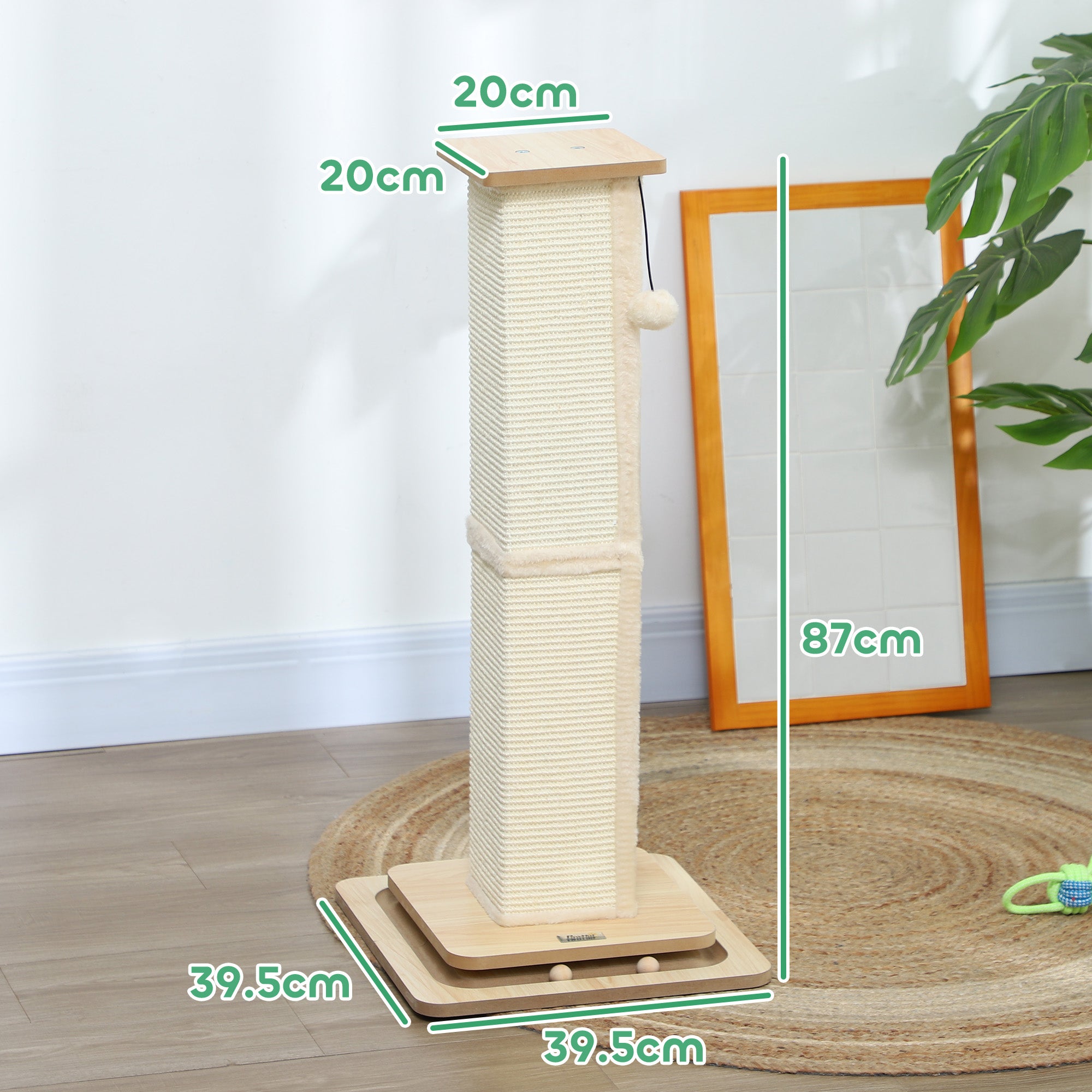 Scratching Post, 3 in 1 Cat Post with Sisal Post, Track Ball Toy, Self Grooming Brush, Hanging Toy Ball, Feather, Oak