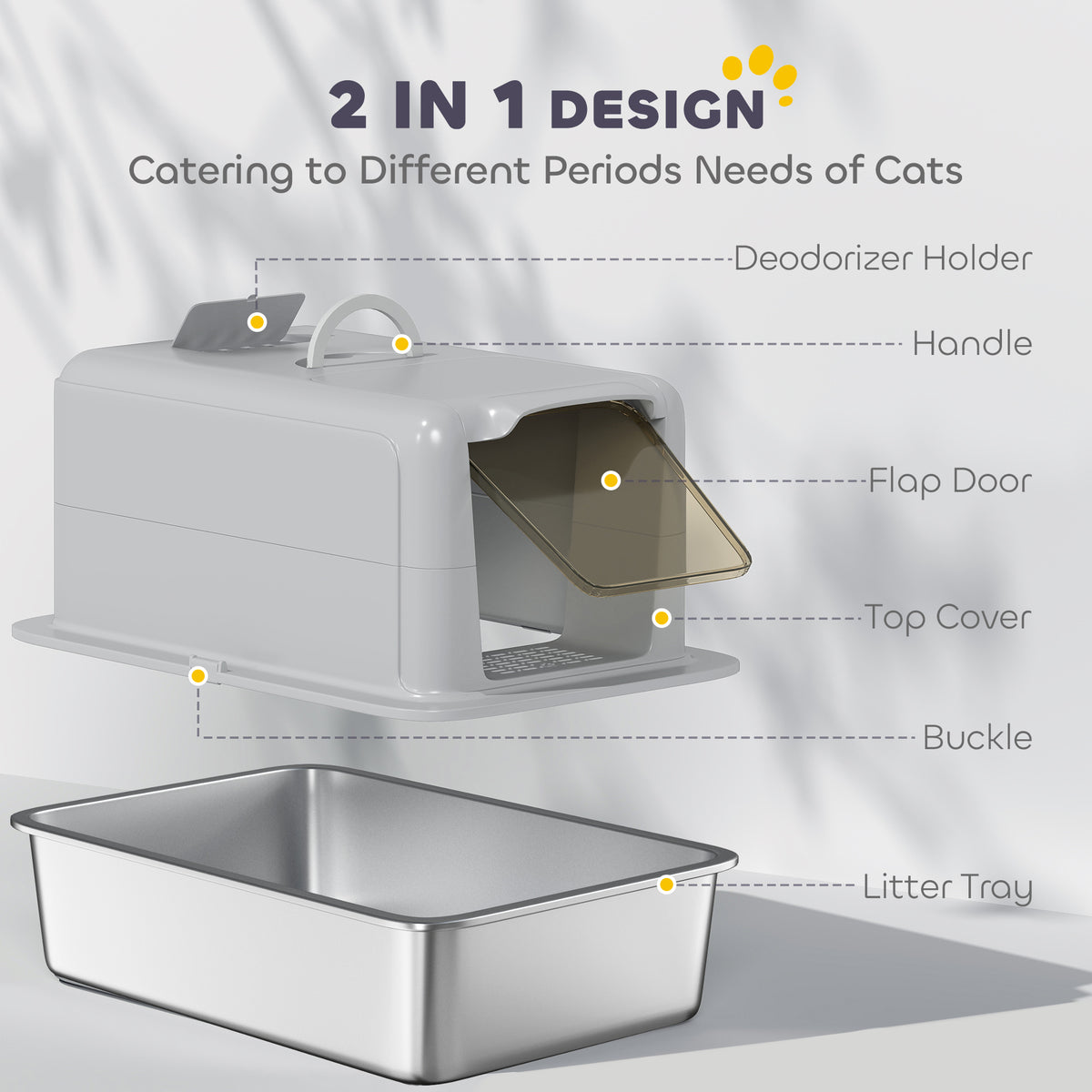 PawHut Stainless Steel Cat Litter Box with Removable Lid, Scoop, Filter Bags, for Larger Cats, Grey PawHut