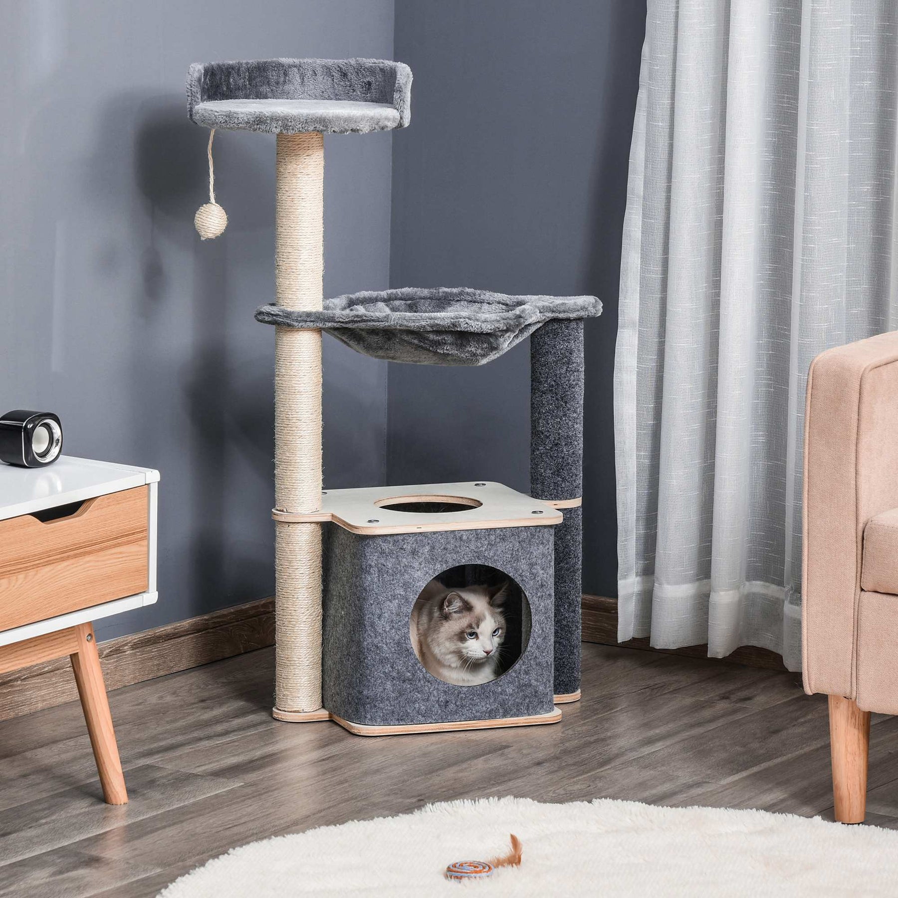 Cat Tower, 95cm Climbing Kitten Activity Centre with Sisal Scratching Posts, Perch, Spacious Condo, and Hammock, Grey