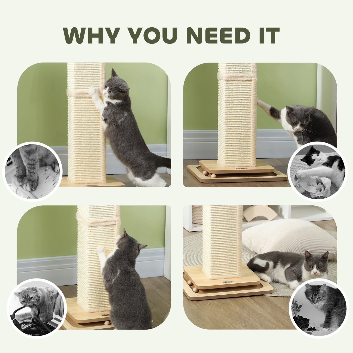 Scratching Post, 3 in 1 Cat Post with Sisal Post, Track Ball Toy, Self Grooming Brush, Hanging Toy Ball, Feather, Oak