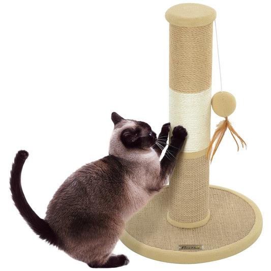 Cat Scratching Post for Indoor Cats, Cat Scratcher with Jute Sisal Rope, Hanging Toy Ball, Feather, Brown