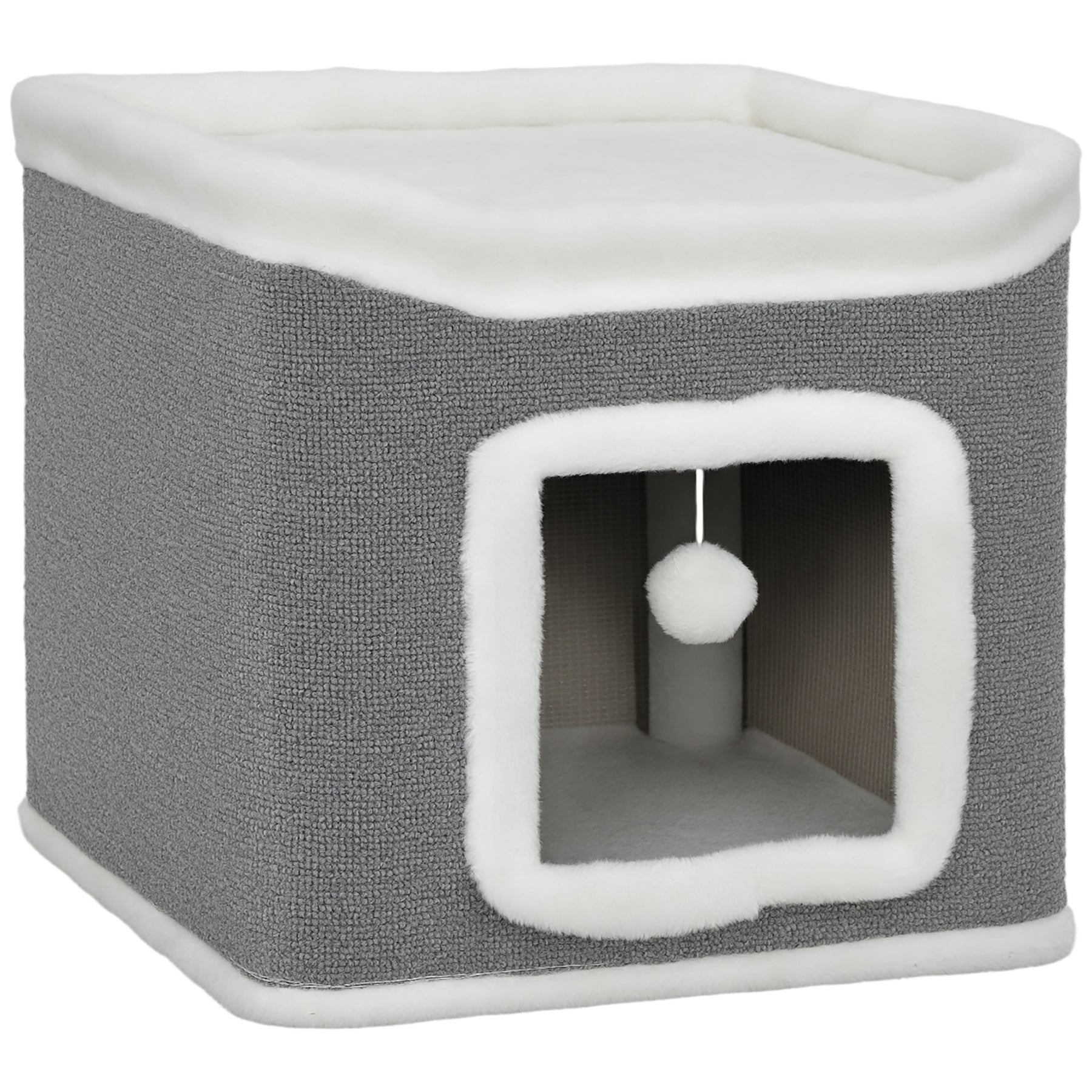 Cat House for Indoor Kittens, 2-Level Cat Cave Bed with Fluffy Balls, Top Bed, Kitten Barrel for Multi Kitties, Grey