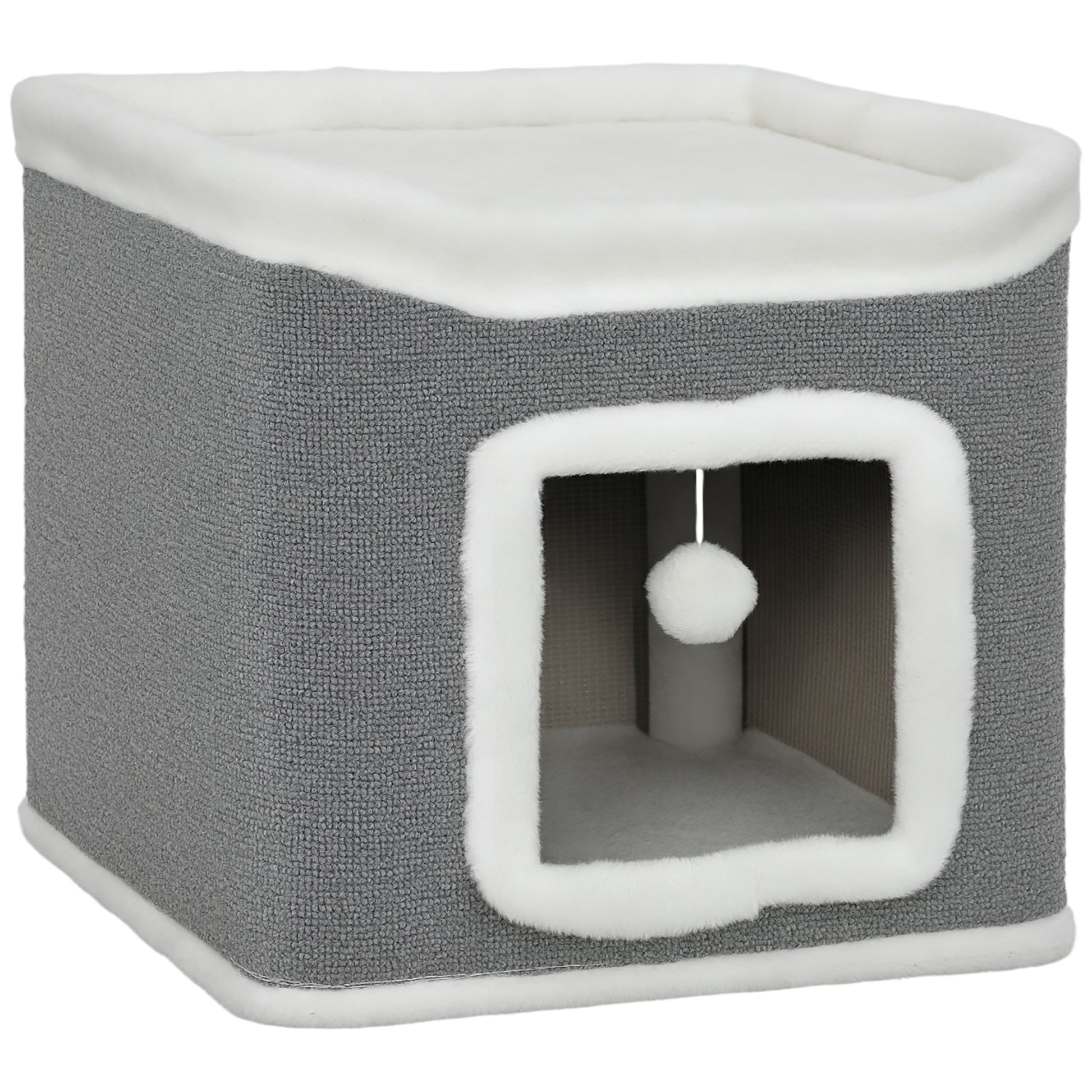 Cat House for Indoor Kittens, 2-Level Cat Cave Bed with Fluffy Balls, Top Bed, Kitten Barrel for Multi Kitties, Grey