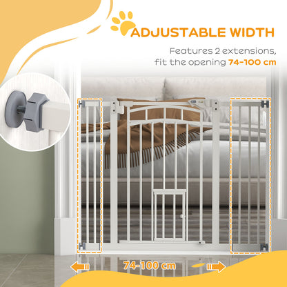 PawHut Pressure Fit Stair Dog Gate w/ Small Cat Door, Automatic Closing Door, Double Locking, for 74-100cm Openings - White PawHut