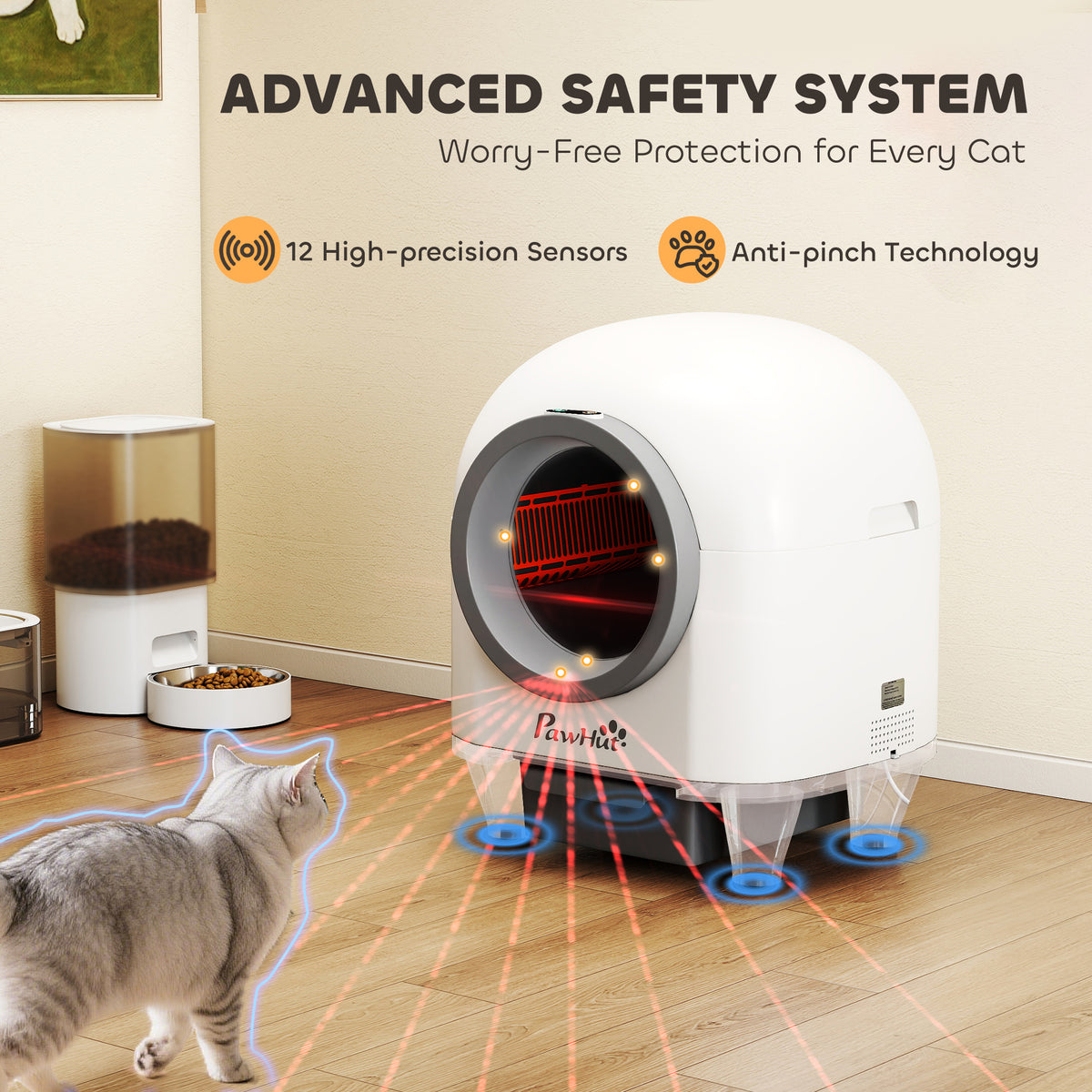 PawHut 80L Extra Large Self Cleaning Cat Litter Tray with APP Control, Safety Protection, Odor Removal, Rubbish Bag for Multiple Kittens PawHut