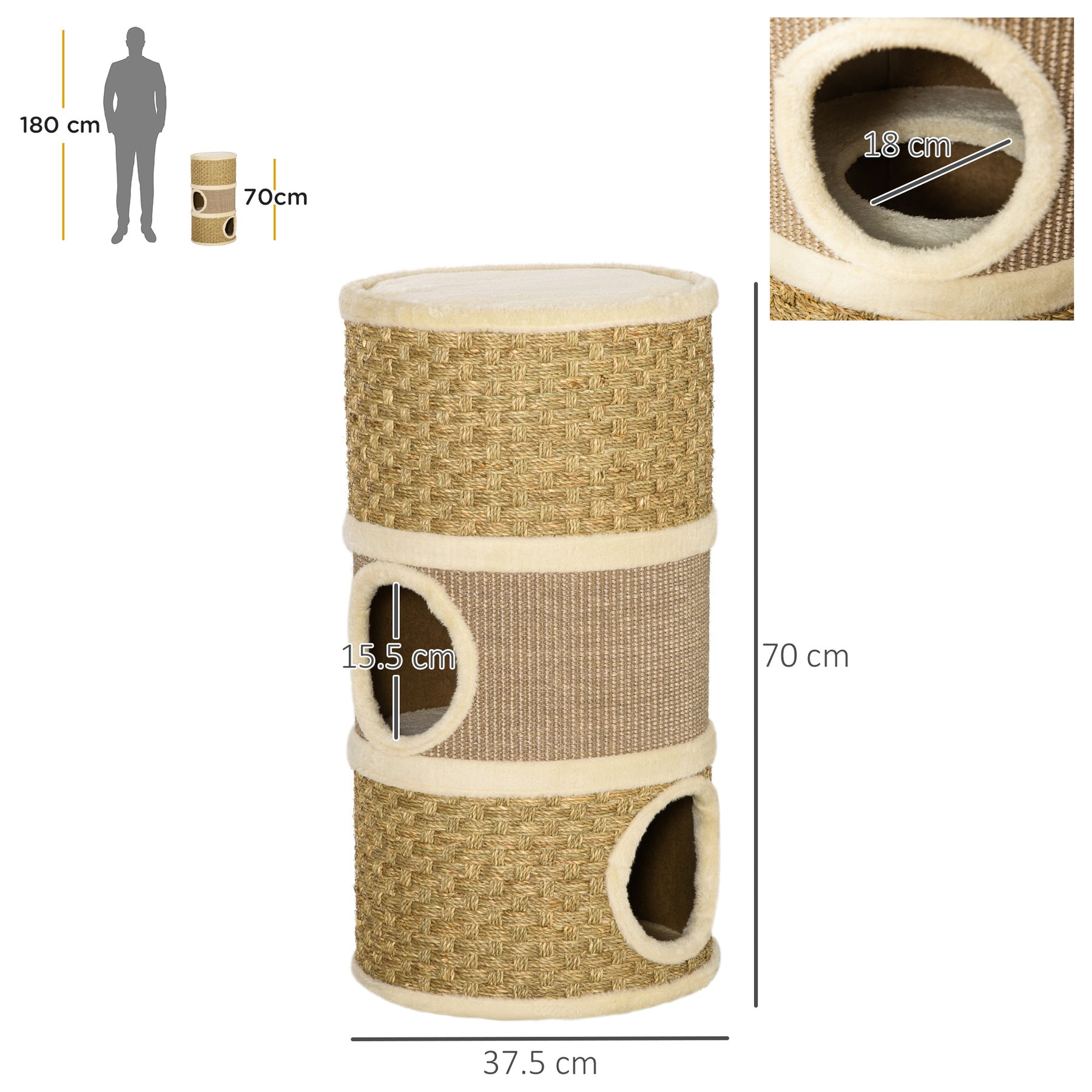 Cat Scratching Barrel Kitten Tree Tower Pet Furniture Climbing Frame Covered with Sisal and Seaweed Rope Cozy Platform Soft Plush