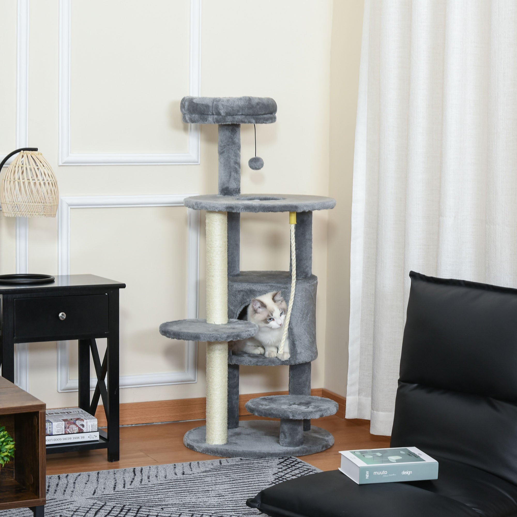 Cat Tree Tower with Jute Scratching Post, Perch, Hanging Ball, Teasing Rope for Climbing Kittens, Dark Grey