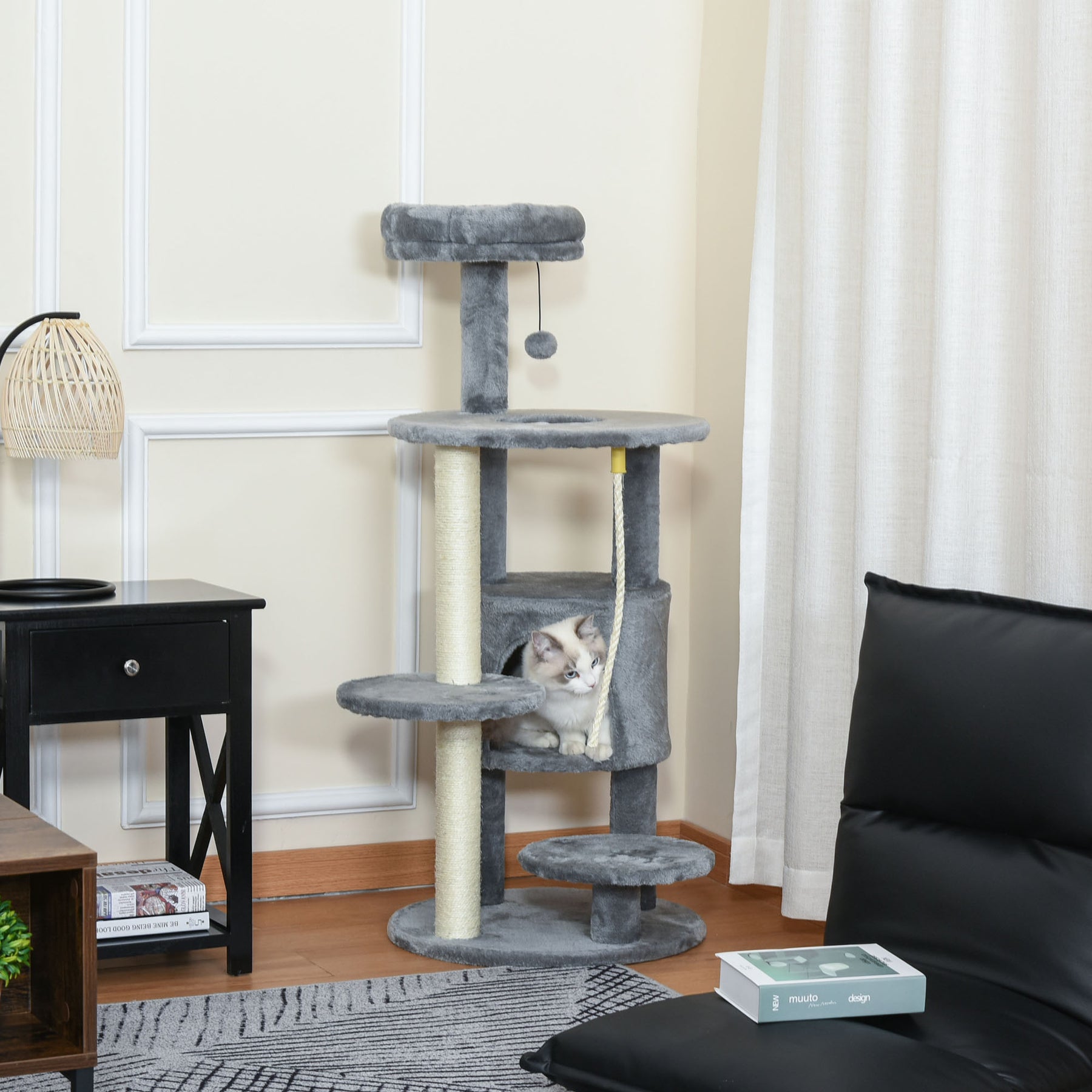 Cat Tree Tower with Jute Scratching Post, Perch, Hanging Ball, Teasing Rope for Climbing Kittens, Dark Grey