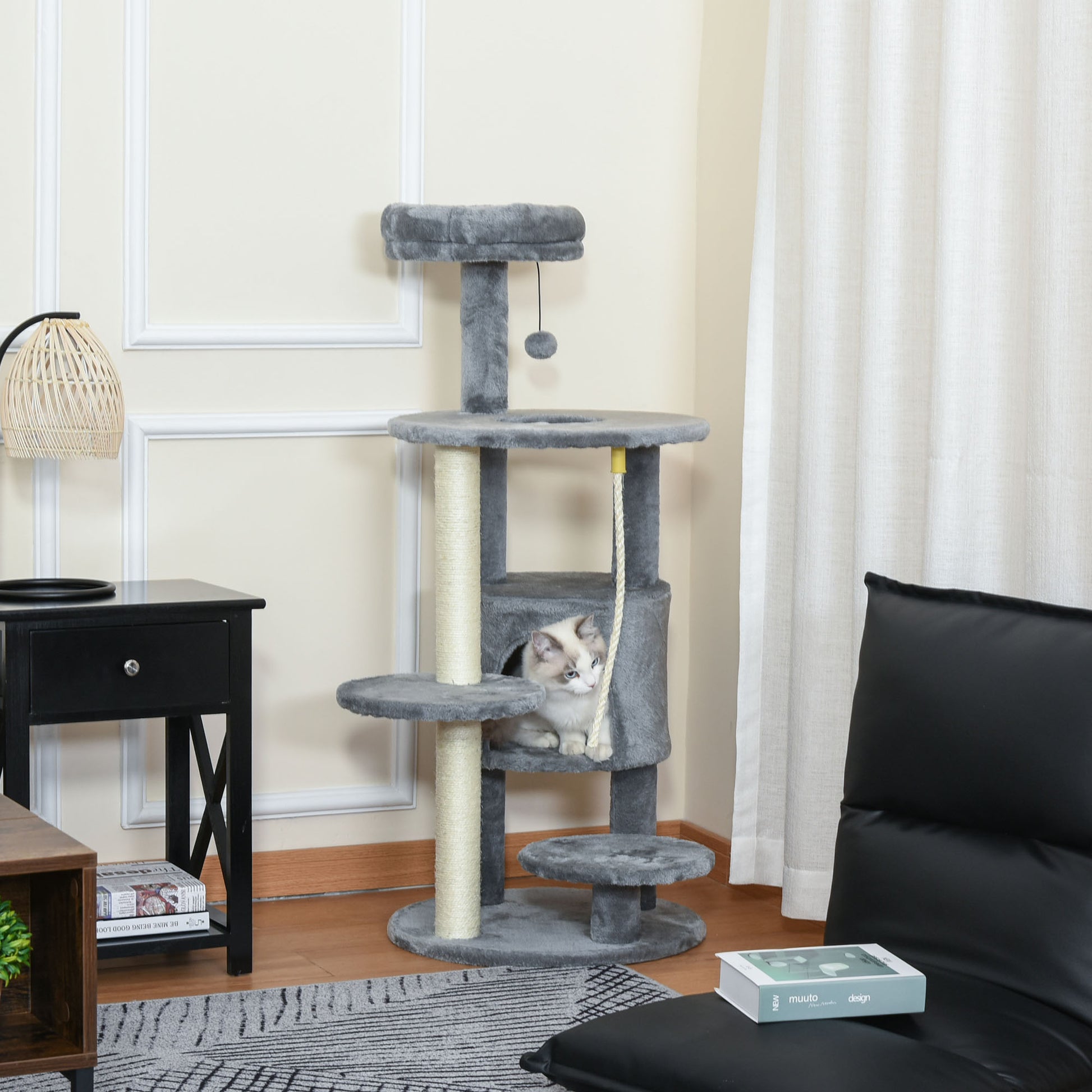 Cat Tree Tower With Jute Scratching Post Perch Hanging Ball Aosom UK