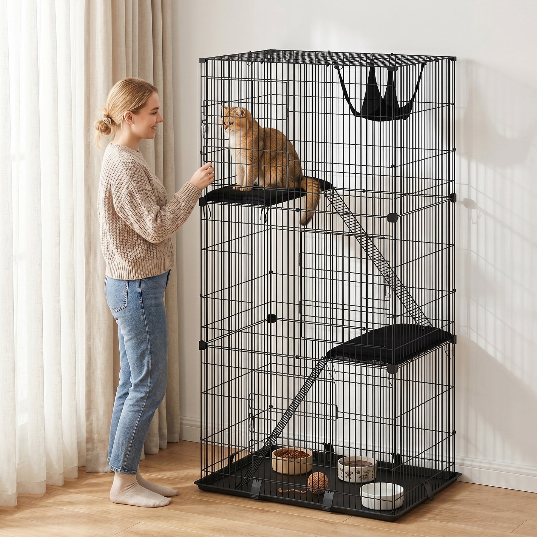 3-Tier Large Cat Cage Indoor, Detachable Metal Wire Kennel with Hammock, Platforms, Tray and Cushions for 1-2 Kittens