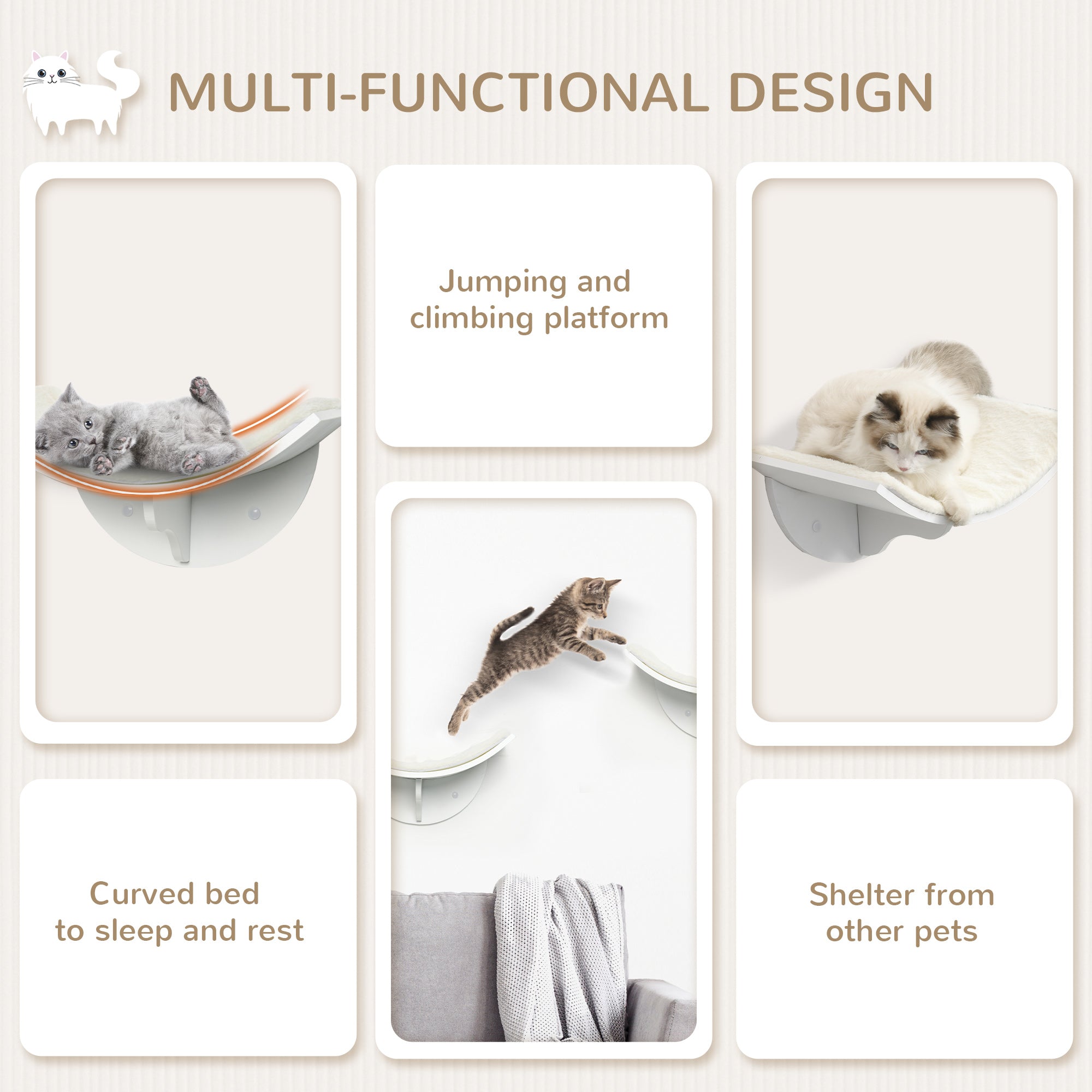 Wall-Mounted Wood Cat Shelves, Curved Kitten Bed, Climber Perch, Modern Cat Furniture