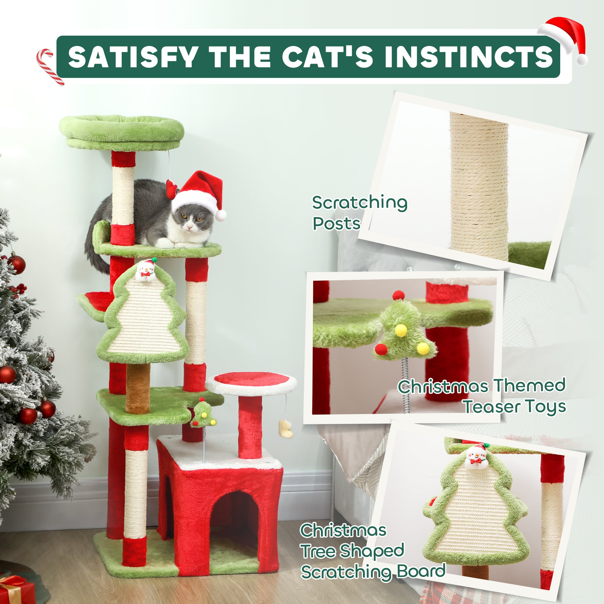 Cat Tree, Christmas Cat Tower with 3 Scratching Posts, Scratching Board, 2 Perches, Platforms, Toys, Green
