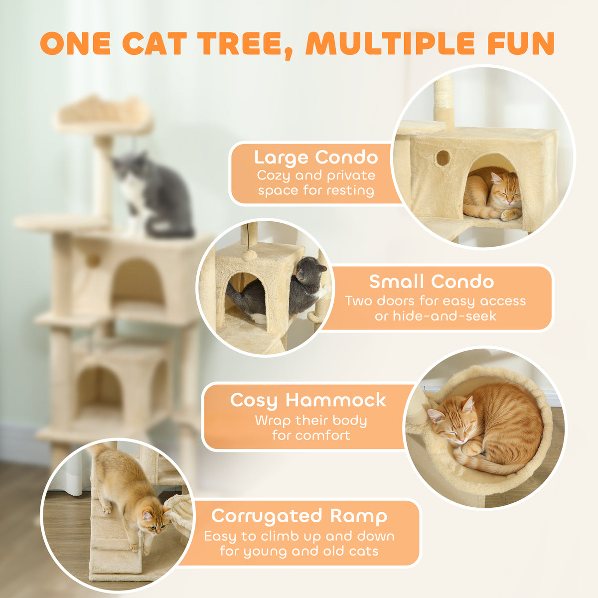 PawHut 140cm Large Cat Tree Tower with Sisal Scratching Posts, Plush Perches, Hammock, Beige PawHut
