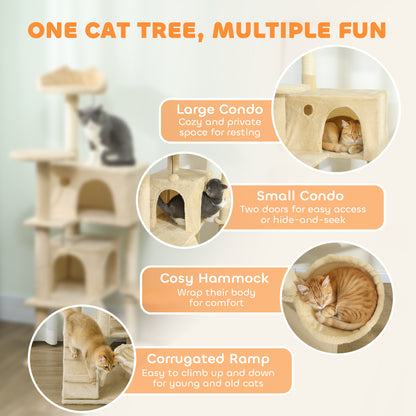 PawHut 140cm Large Cat Tree Tower with Sisal Scratching Posts, Plush Perches, Hammock, Beige PawHut
