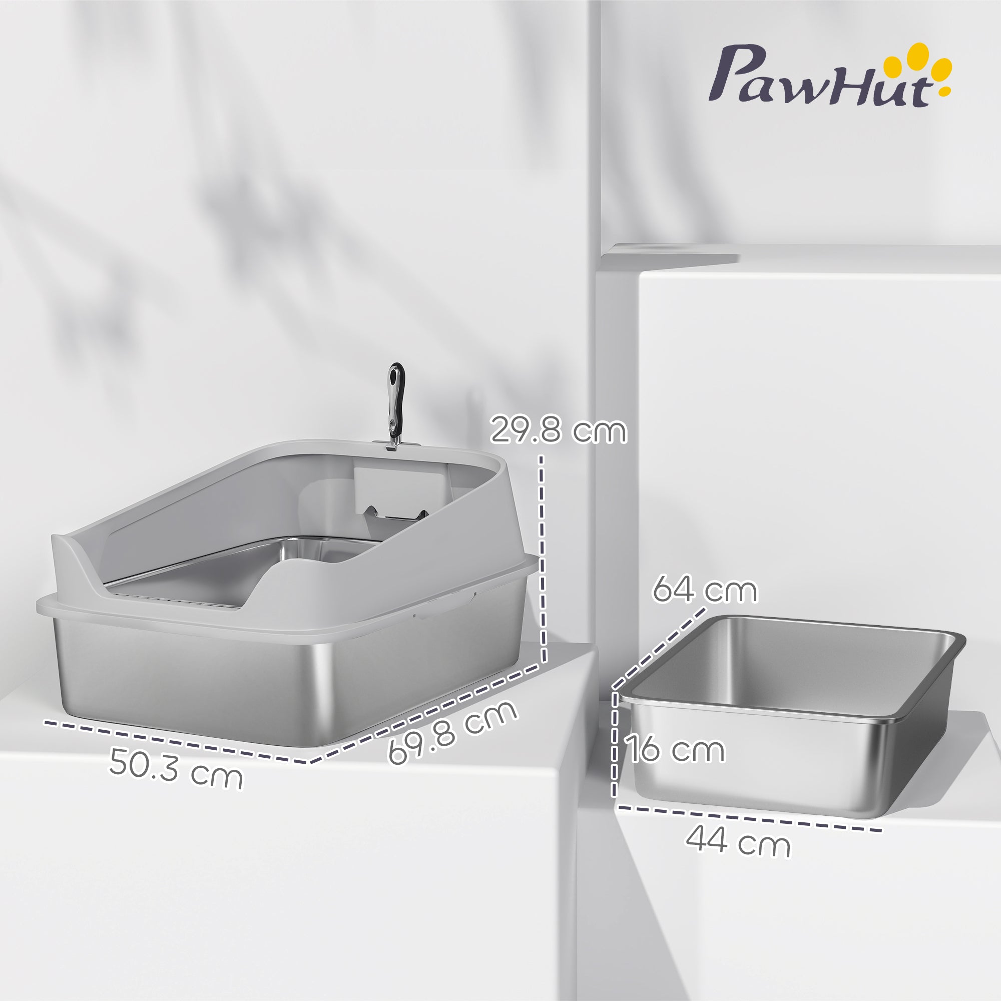 XXL Stainless Steel Cat Litter Box with High Sides, Scoop