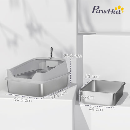 PawHut XXL Stainless Steel Cat Litter Box with High Sides, Metal Scoop, 70 x 50 x 30 cm PawHut