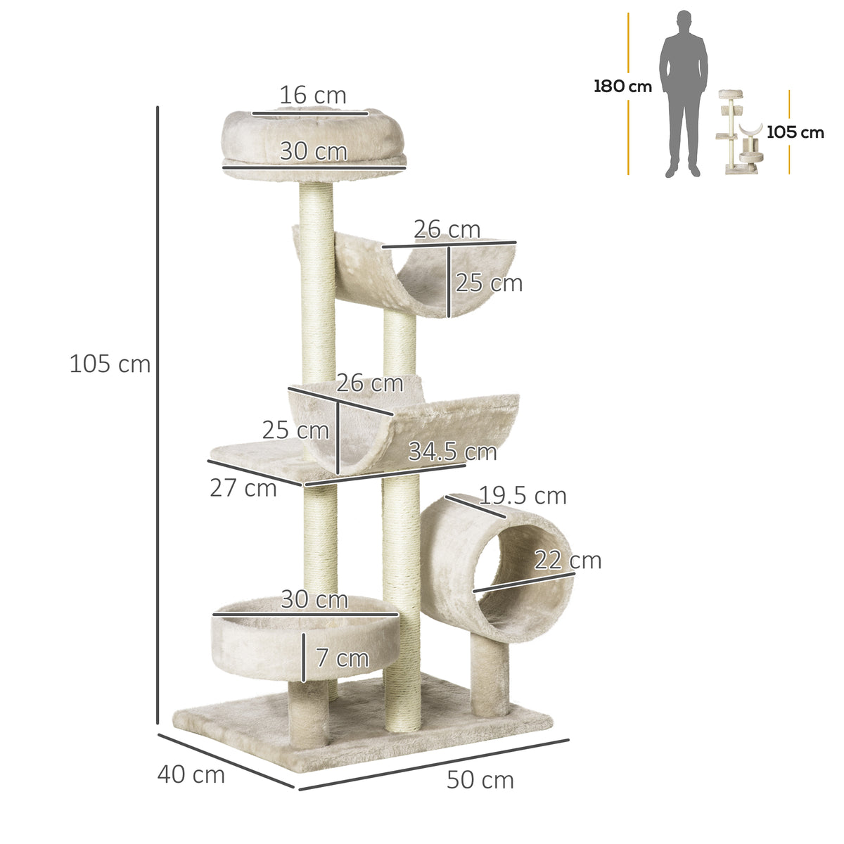 PawHut 105cm Cat Tree with Tunnel, Scratching Posts & Perch – Beige Cat Trees & Towers PawHut