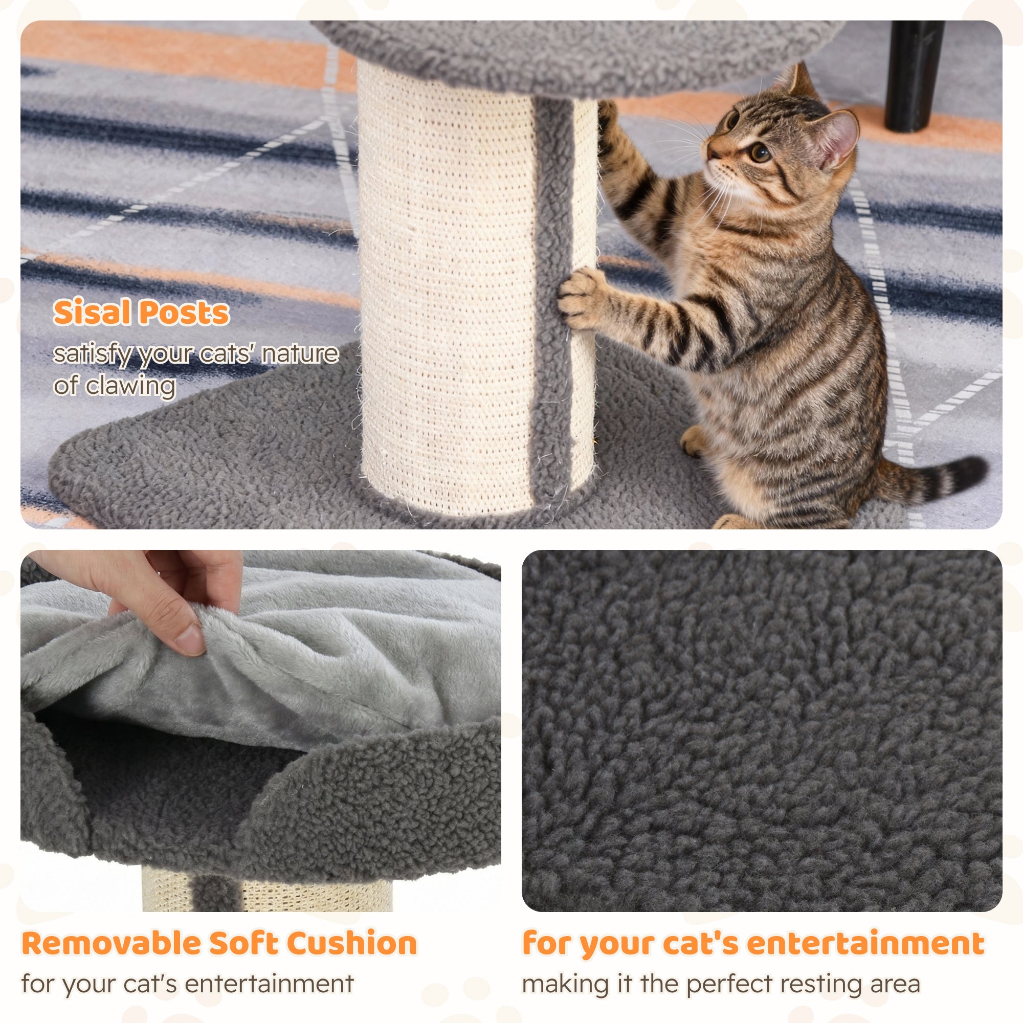 Cat Tree with Sisal Scratching Post, Cat Tower Kitten Activity Center climbing frame with large platform Lamb Cashmere Perch, Grey