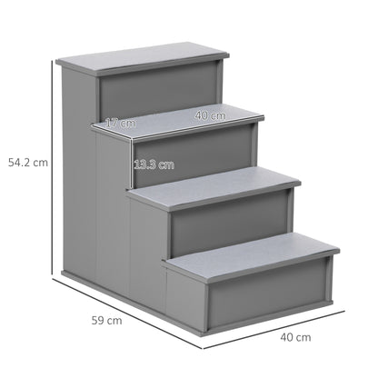 PawHut 4 Step Dog Steps for Bed, Wooden Dog Steps for Sofa, Pet Stairs for Bed Couch with Non-Slip Carpet for Cats and Puppies, 40 x 59 x 54.2 cm, Grey PawHut