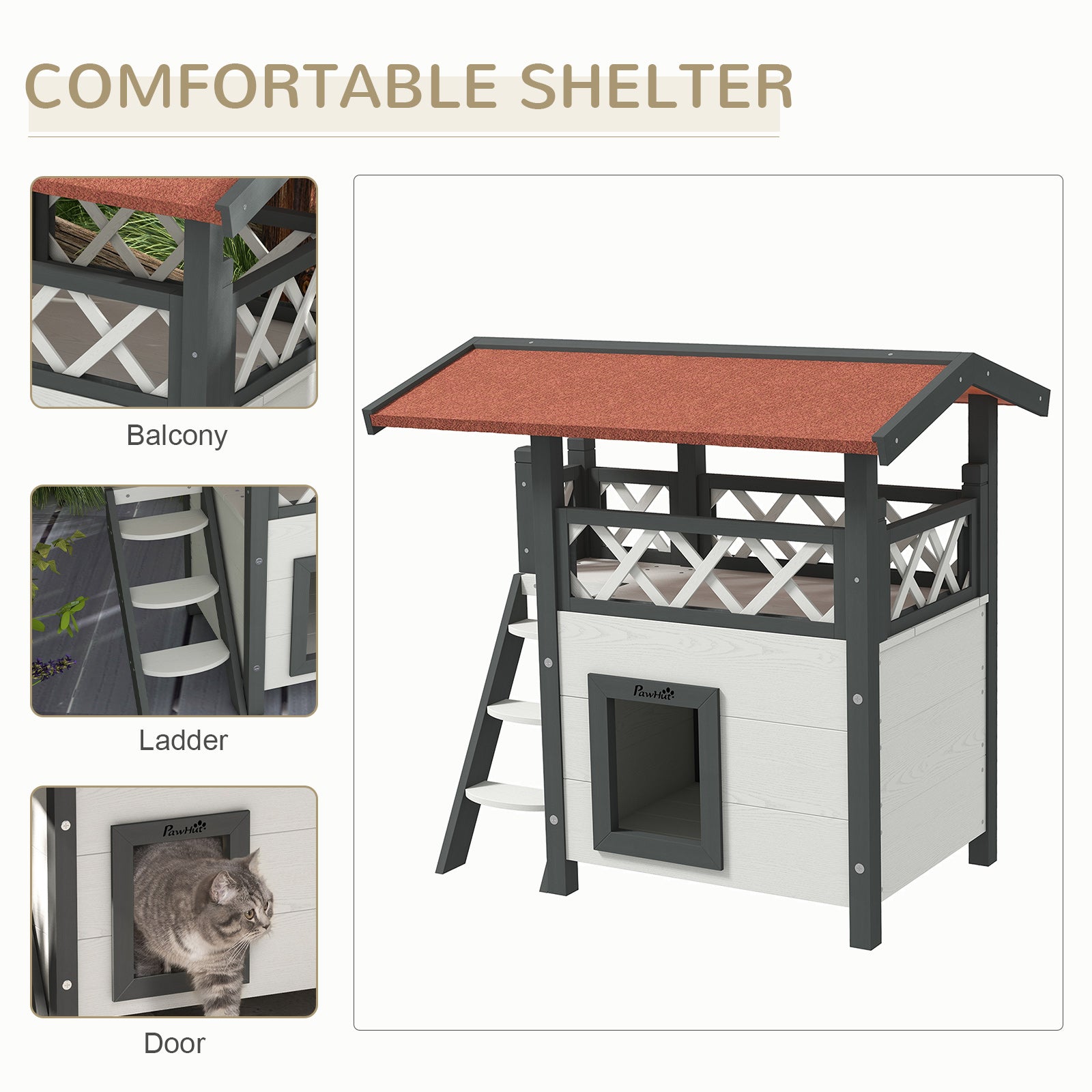 Cat House Outdoor w/ Balcony Stairs Roof, White
