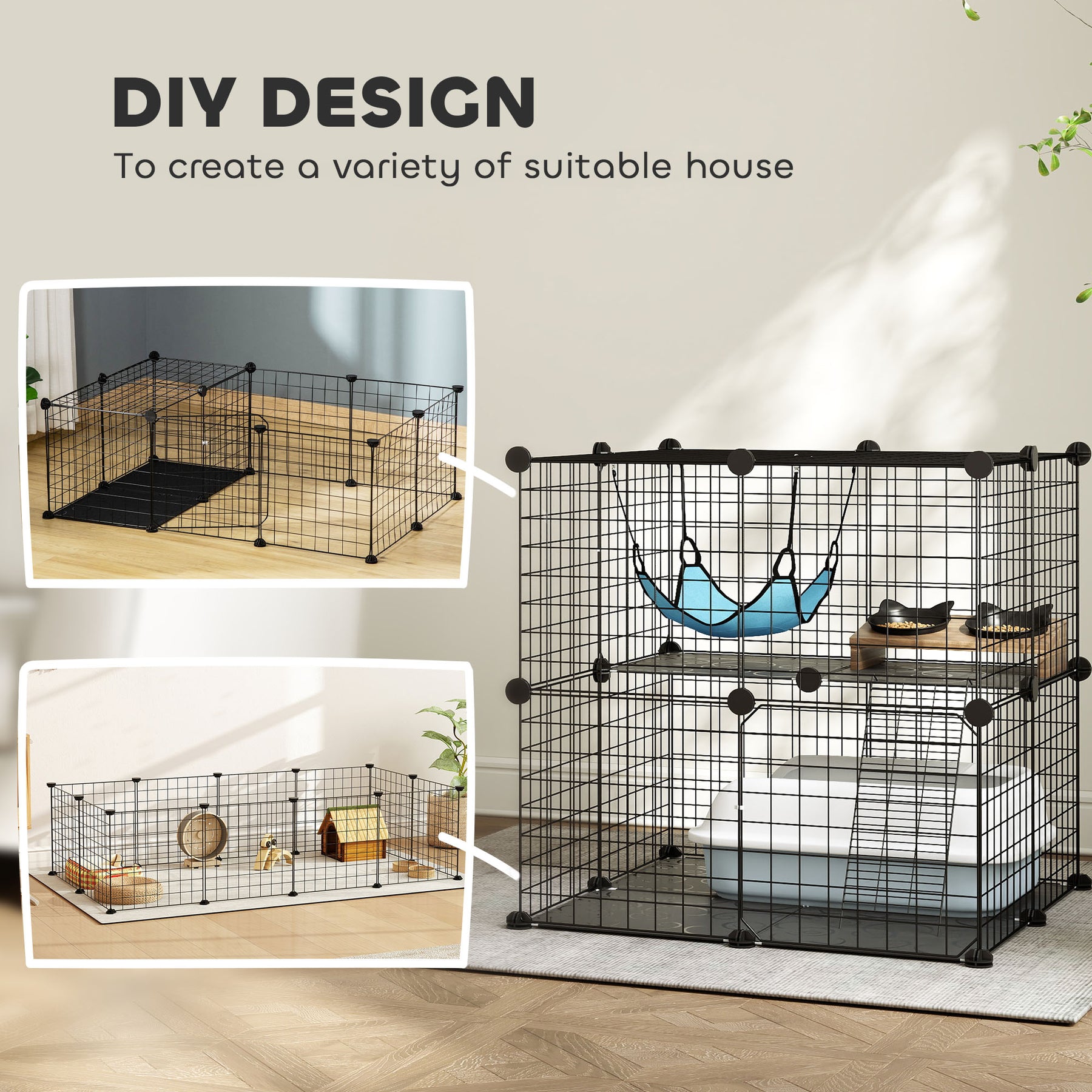 Indoor Cat Cage DIY Customizable 2-Tier Indoor Cat Enclosure with 2 Doors and Hammock  Black