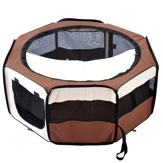 PawHut 600D Oxford Soft Fabric Kennel, Portable Lightweight Cat Dog Playpen, Foldable Pet Puppy Rabbit Guinea Pig Pen Run Dia 90 x 41H cm Indoor & Outdoor Brown PawHut Default Title