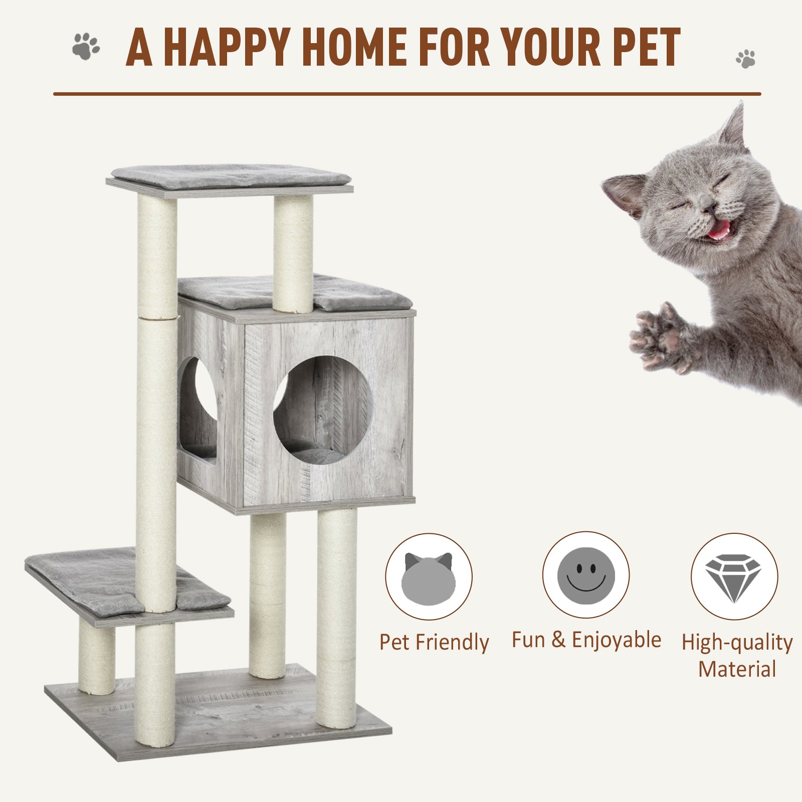 Multi-Level Cat Tree Tower Activity Center Climbing Stand Kitten House Furniture with Scratching Posts Condo Perch Plush Cushion Grey